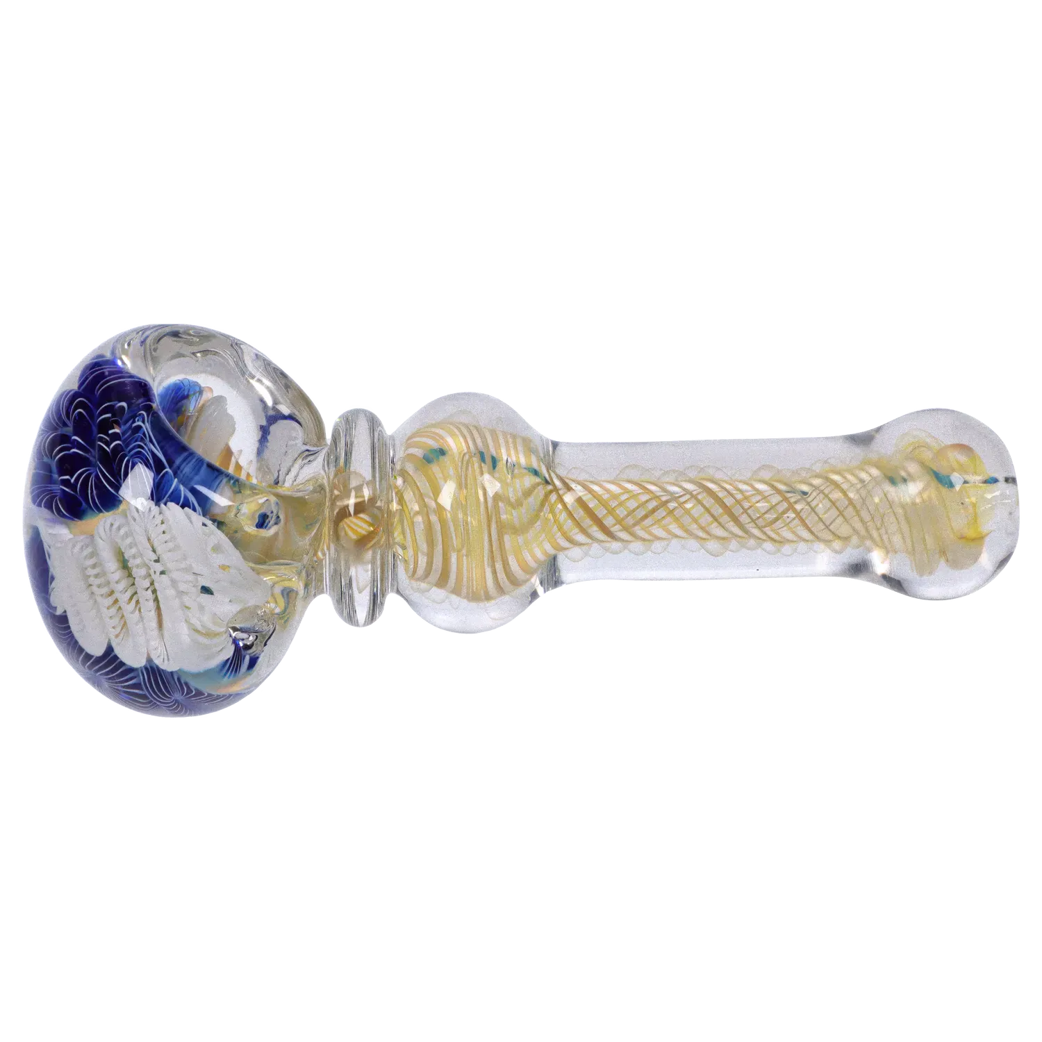 Side view of the DHC Twisting Art Spoon Pipe - 3.5 in. showing a clear glass body with a blue-accented bowl and gold spiral twist running through the stem.