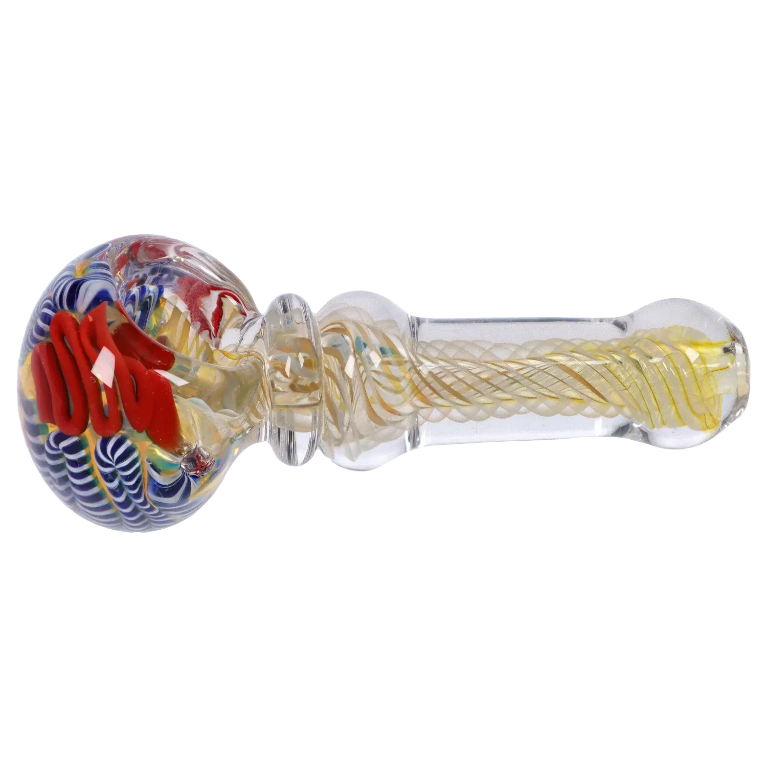 Side view of the DHC Twisting Art Spoon Pipe - 3.5 in. showing a clear glass stem with internal twisted yellow filaments and a multicolored, bulbous bowl with red ribbon-like accents.