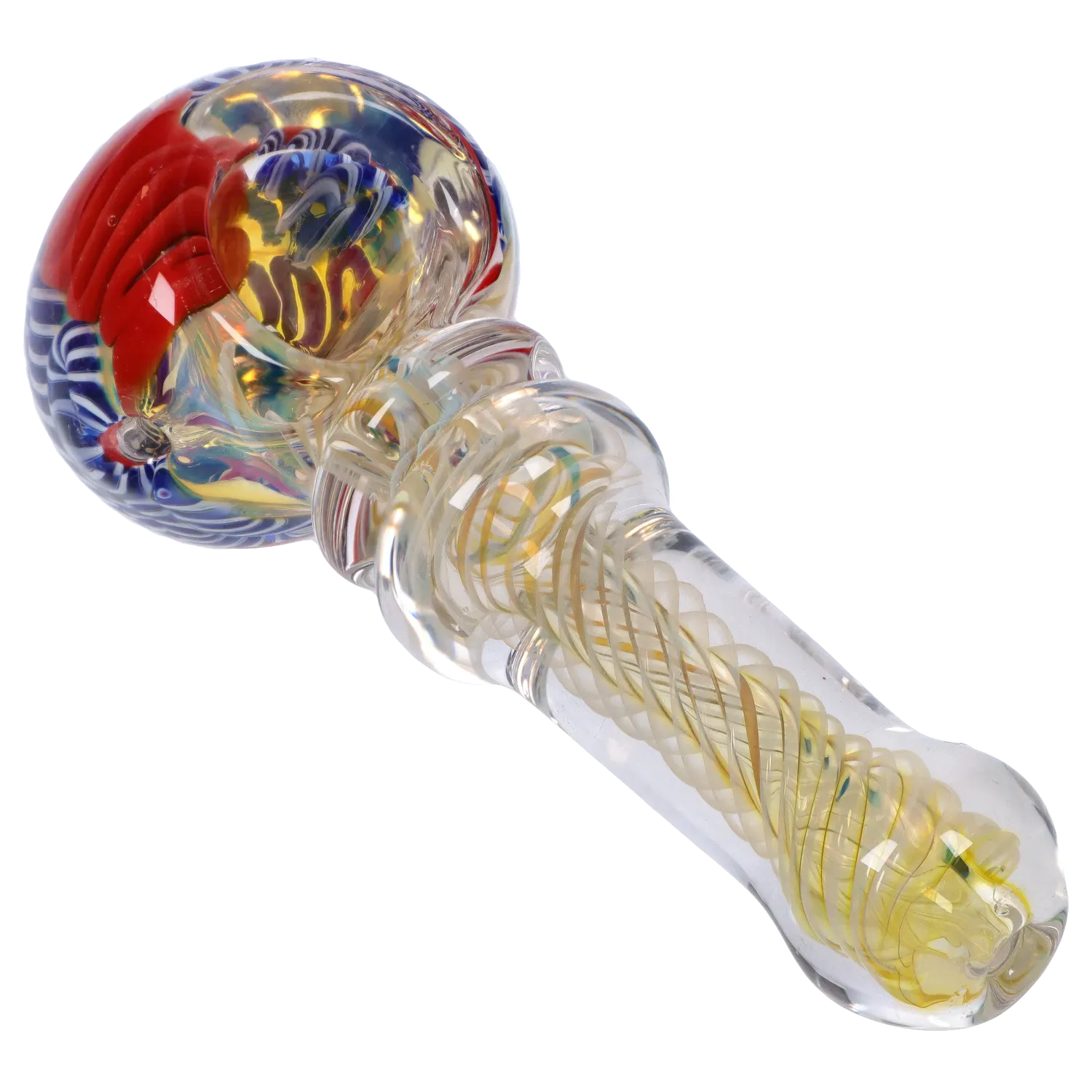 Angled close-up of the DHC Twisting Art Spoon Pipe - 3.5 in., showing the bulbous blue, red and yellow patterned bowl and a clear twisted glass stem.