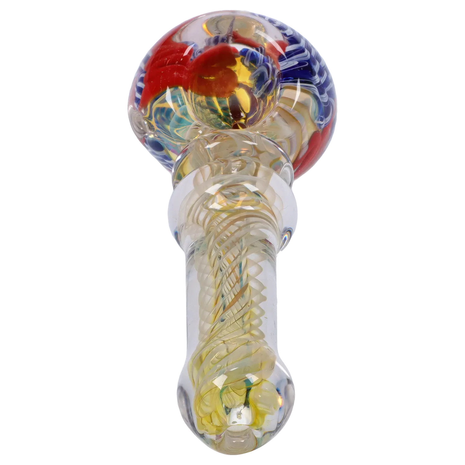 Top-down view of the DHC Twisting Art Spoon Pipe - 3.5 in. showing a clear glass stem with yellow spiral cane and a rounded bowl with red, blue, and swirled internal patterns.