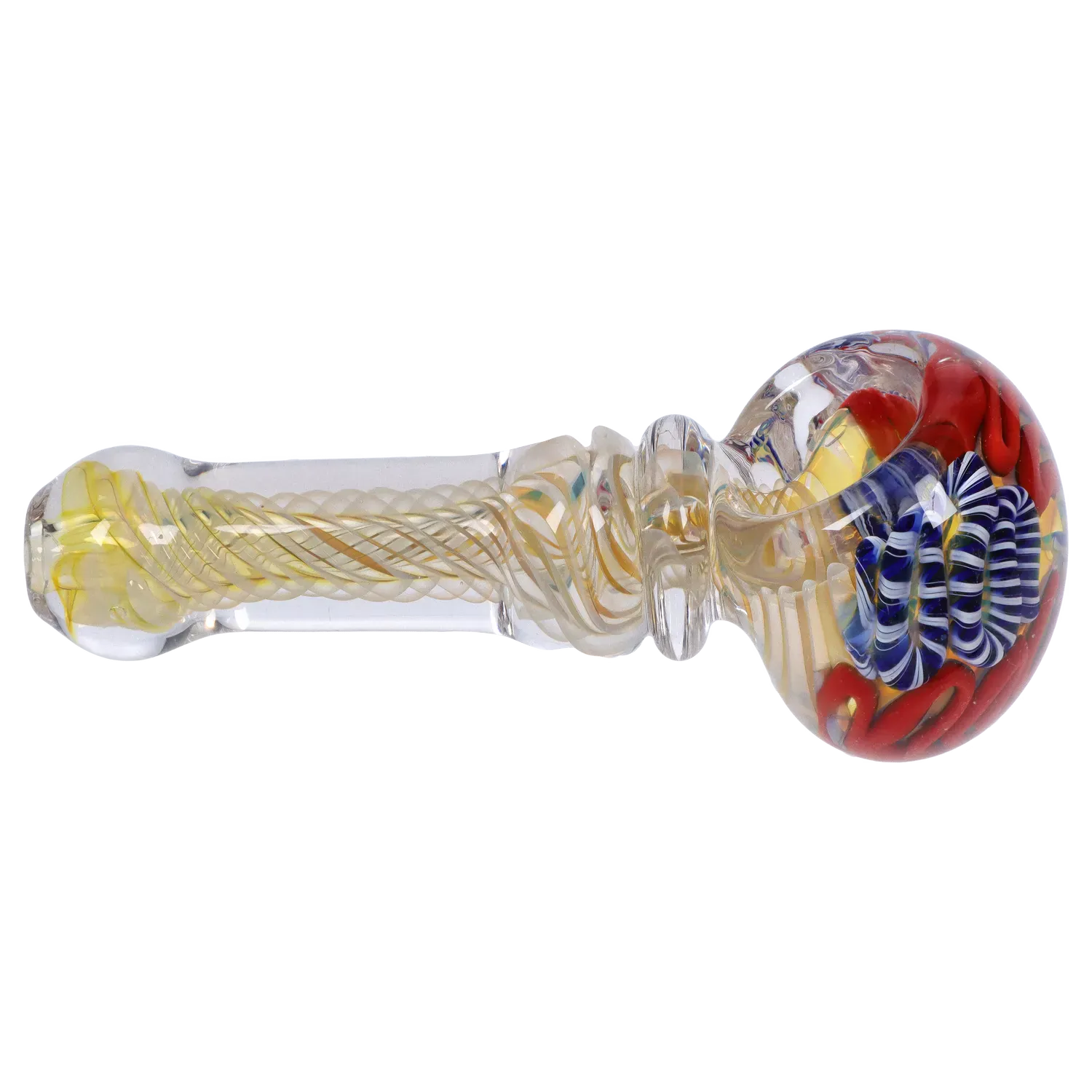 Side view of the DHC Twisting Art Spoon Pipe - 3.5 in. showing a clear glass stem with yellow twisted cane and a round bowl with red, blue, and white ribboned glass accents.