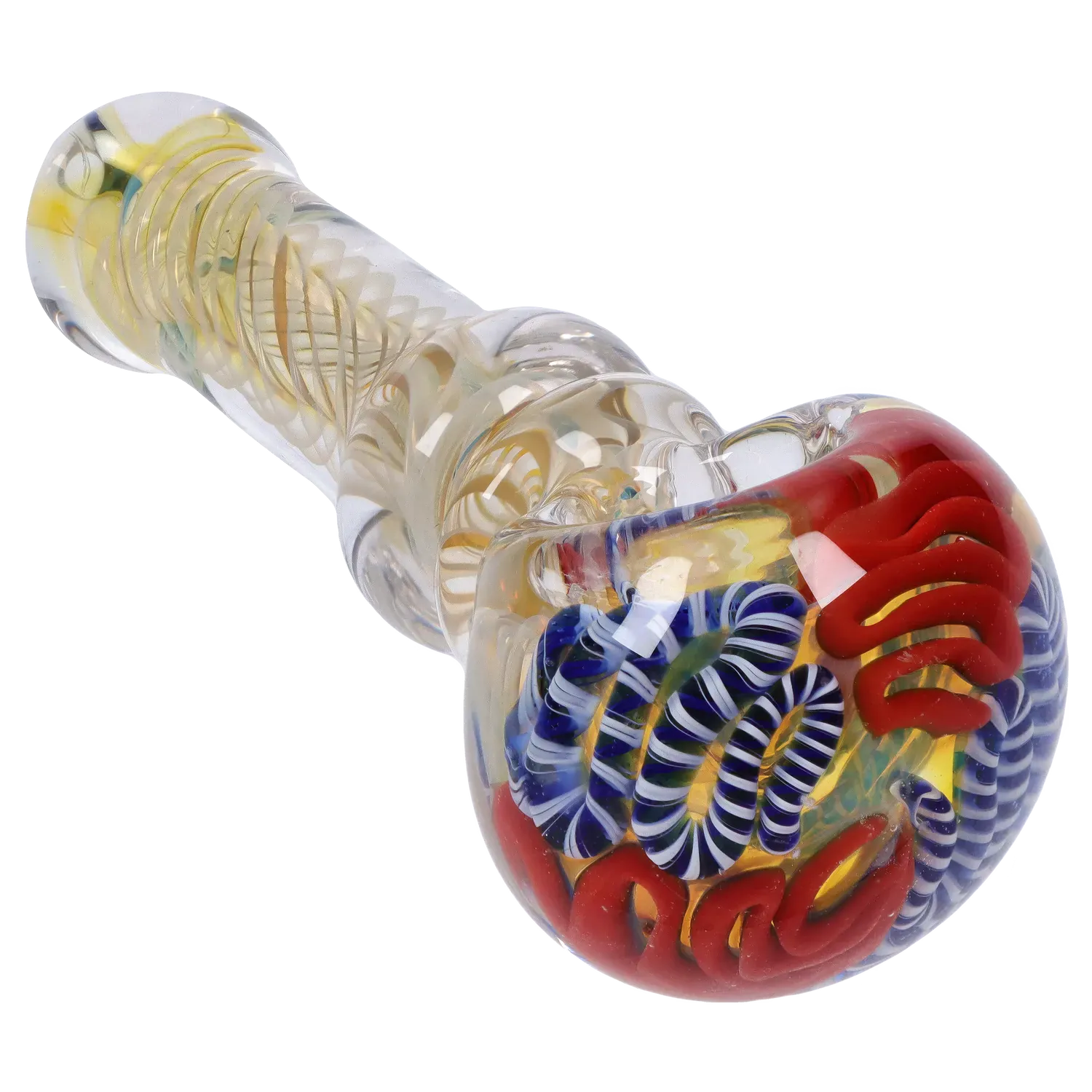 Angled close-up of the DHC Twisting Art Spoon Pipe - 3.5 in. showing a clear glass body with yellow internal twist patterns and a colorful bulbous end with red and blue spiral decorations.