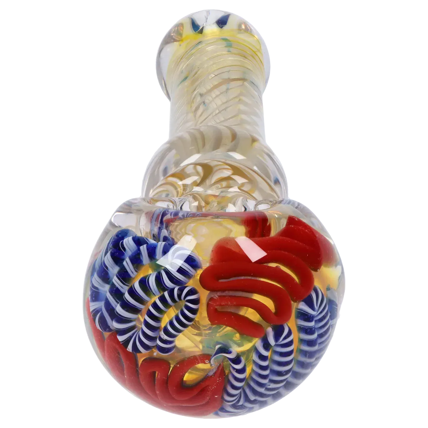 Close-up front view of the DHC Twisting Art Spoon Pipe - 3.5 in. showing a clear glass bowl with twisted red and blue striped internal ribbons.