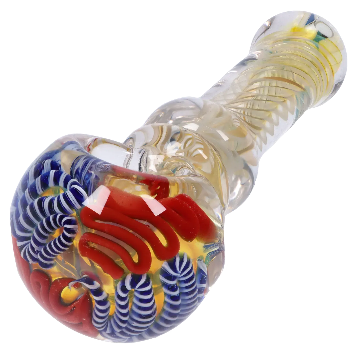 Angled close-up of the DHC Twisting Art Spoon Pipe - 3.5 in. showing a clear glass body with red ribbon and blue-white spiral glass accents.