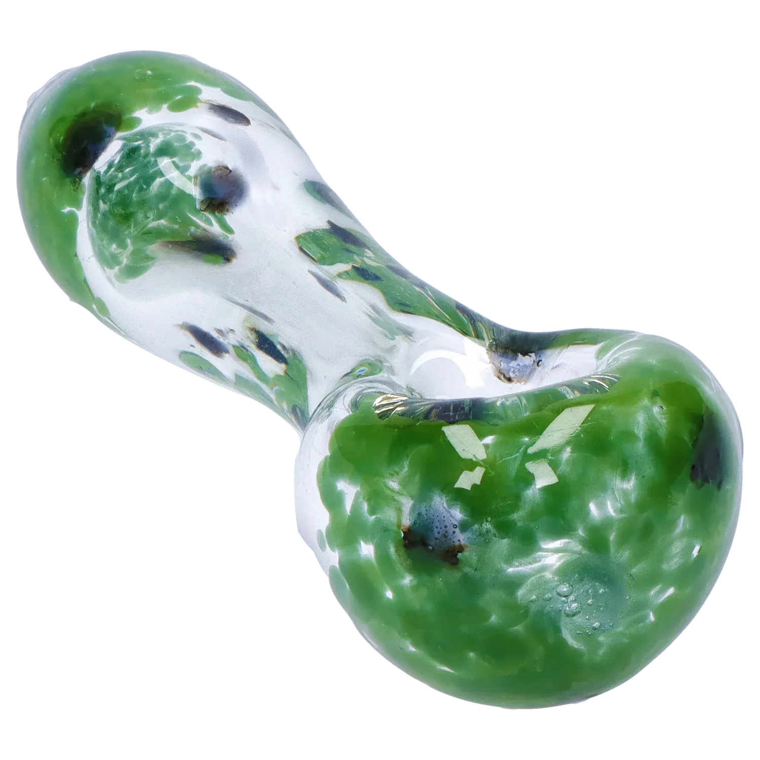 Angled close-up of the DHC Color Frit with Dots Spoon Pipe - 2.5 in., showing green fritted dots inside clear glass and reflective highlights.