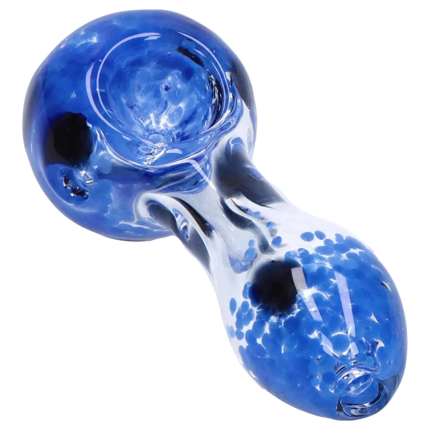 Top-down close-up of the blue DHC Color Frit with Dots Spoon Pipe - 2.5 in., showing its bowl, clear neck, and scattered cobalt dots.