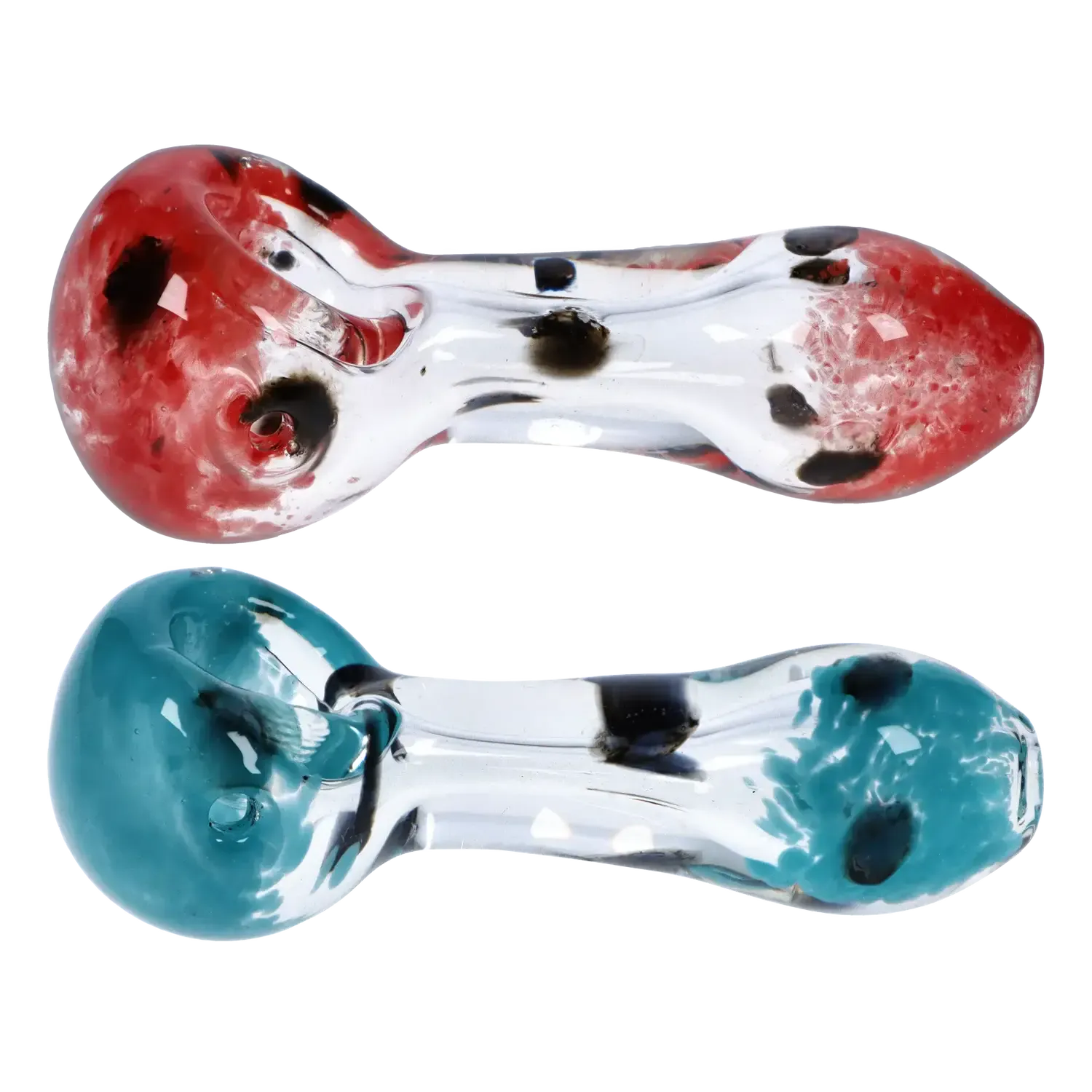 Top-down view of two DHC Color Frit with Dots Spoon Pipe - 2.5 in. hand pipes, one red-tipped and one teal-tipped, on a white background.