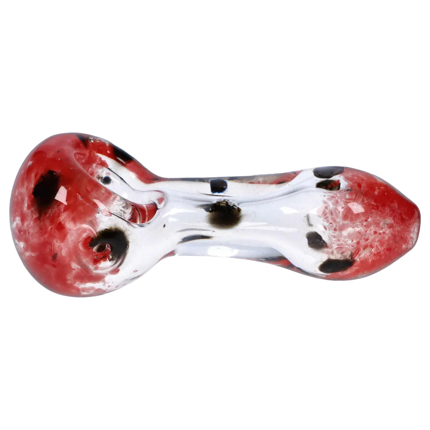 Top-down view of a clear glass DHC Color Frit with Dots Spoon Pipe - 2.5 in. showing red-tinted bulb ends and scattered black dots.