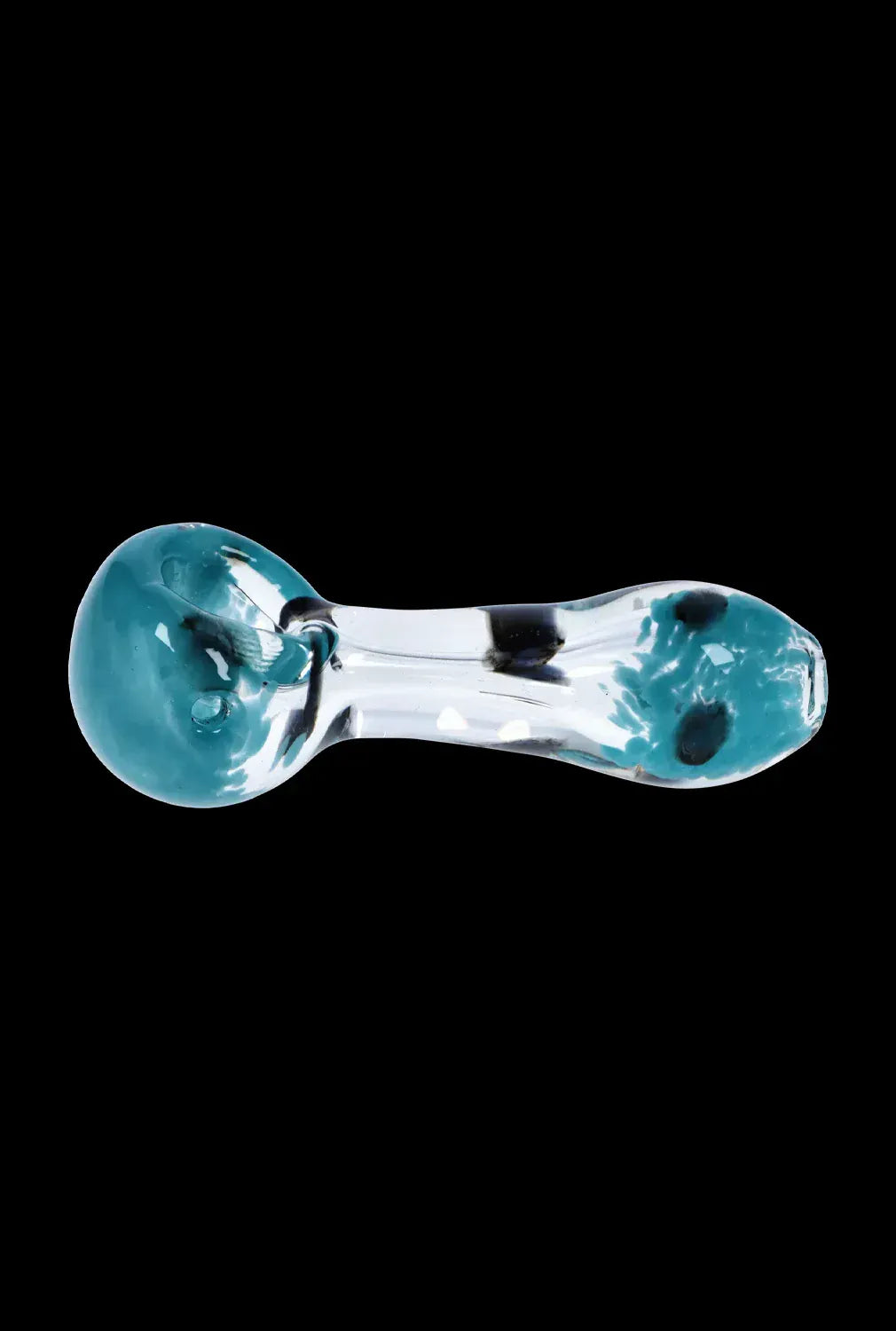 Top-down view of the DHC Color Frit with Dots Spoon Pipe - 2.5 in., a clear glass hand pipe with teal frit and dark dot accents against a black background