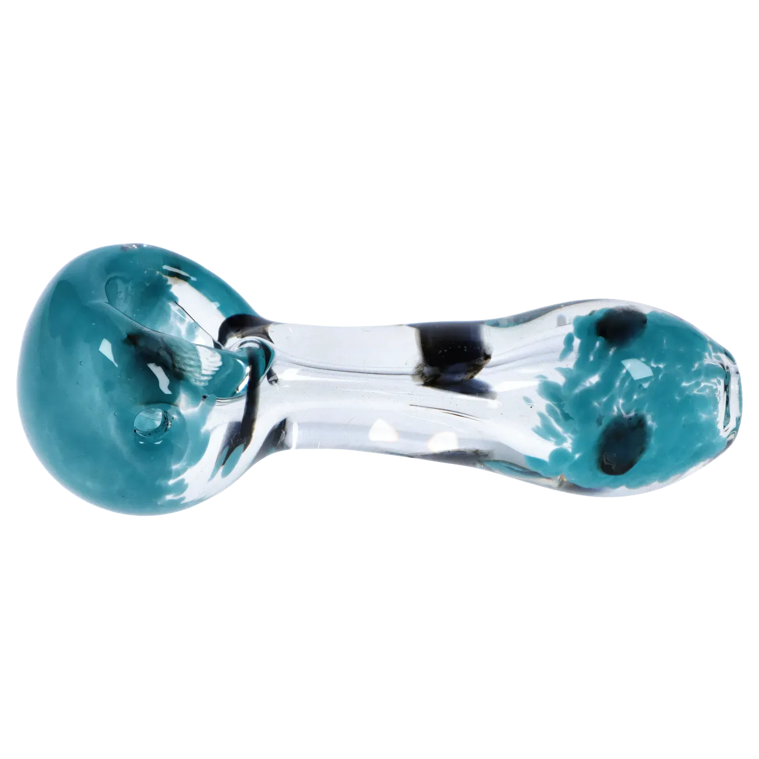 Top-down view of the DHC Color Frit with Dots Spoon Pipe - 2.5 in., a clear glass spoon with turquoise frit and black dot accents visible inside.