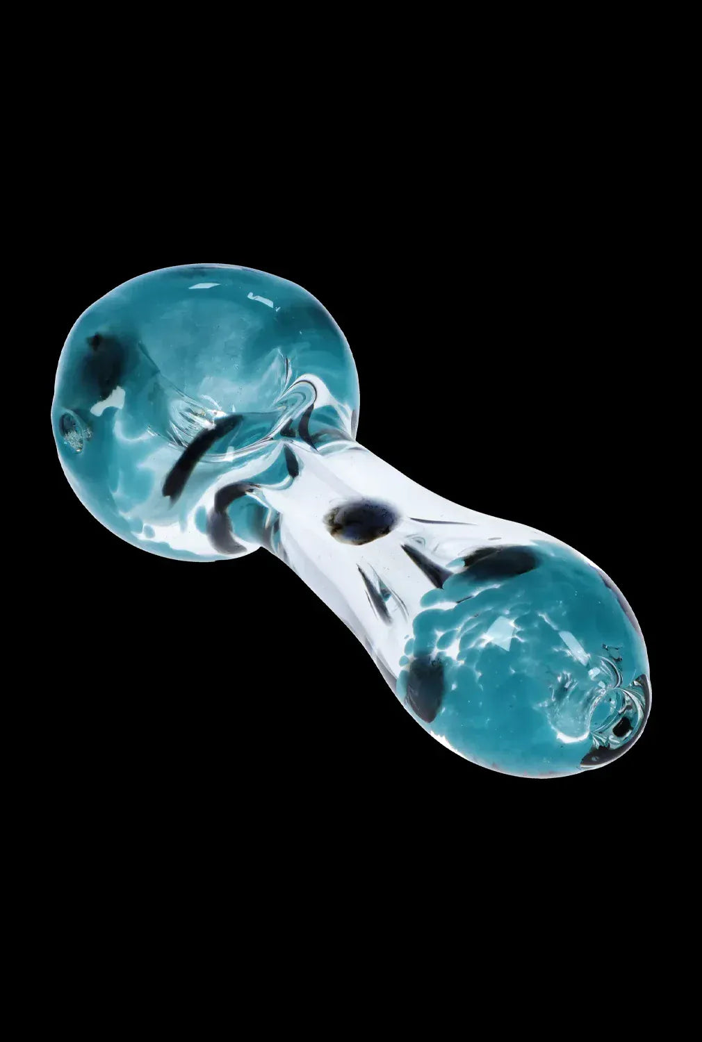 Angled top-down view of the DHC Color Frit with Dots Spoon Pipe - 2.5 in. showing teal fritted ends and clear glass center on black.