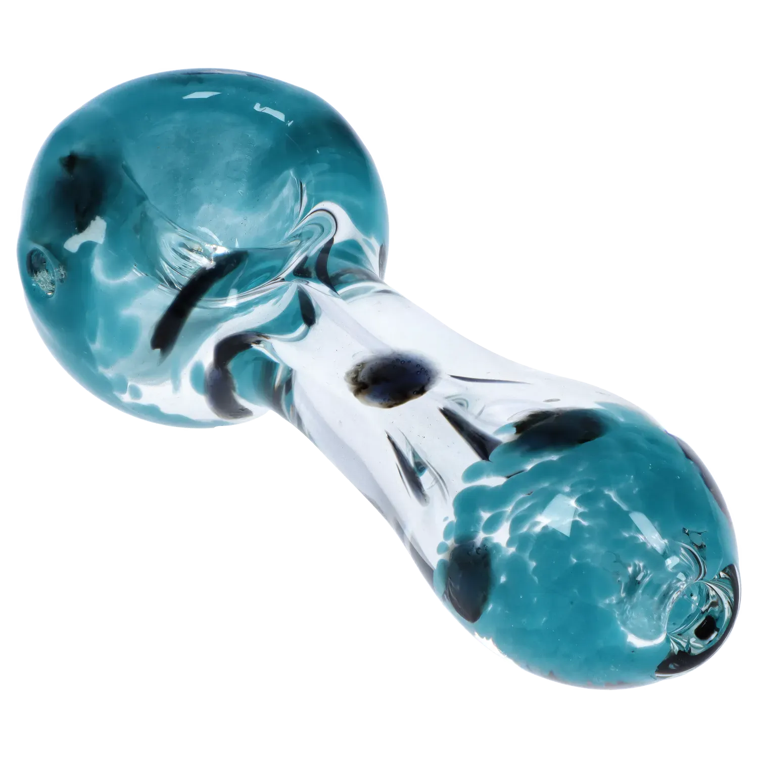 Angled close-up of the teal-tinted DHC Color Frit with Dots Spoon Pipe - 2.5 in., showing glossy glass, dot accents, and light reflections.