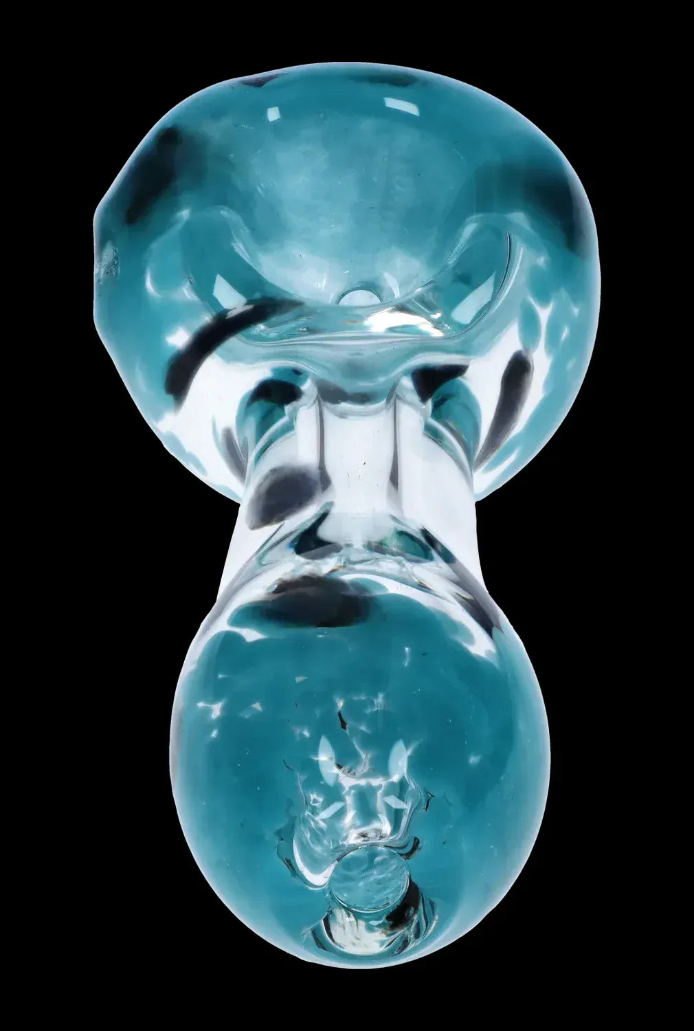 Top-down close-up of the DHC Color Frit with Dots Spoon Pipe - 2.5 in., showing its turquoise glass bowl and rounded mouthpiece against a black background