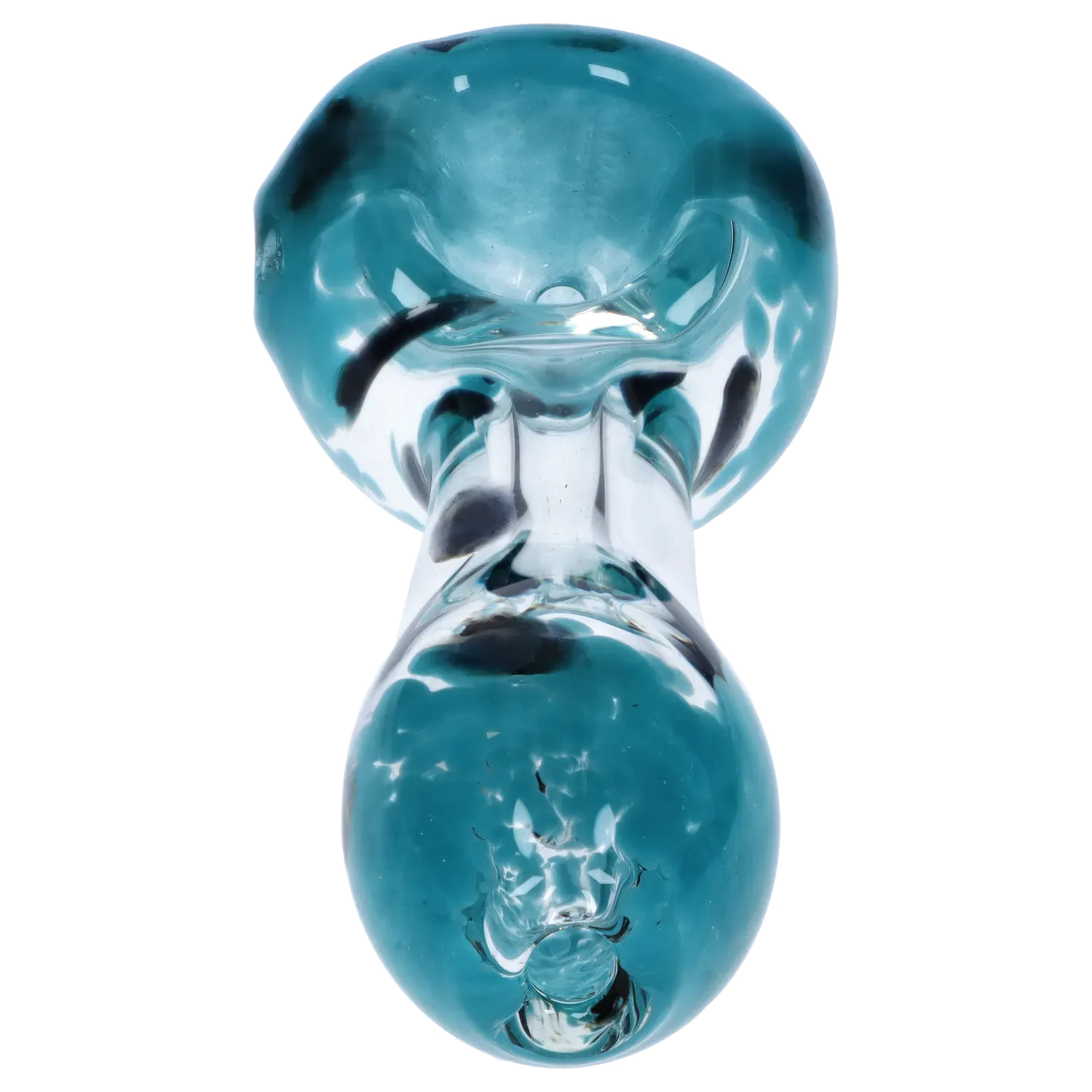 Top-down close-up of the DHC Color Frit with Dots Spoon Pipe - 2.5 in., showing a glossy teal bowl and clear glass neck with scattered dark dots.