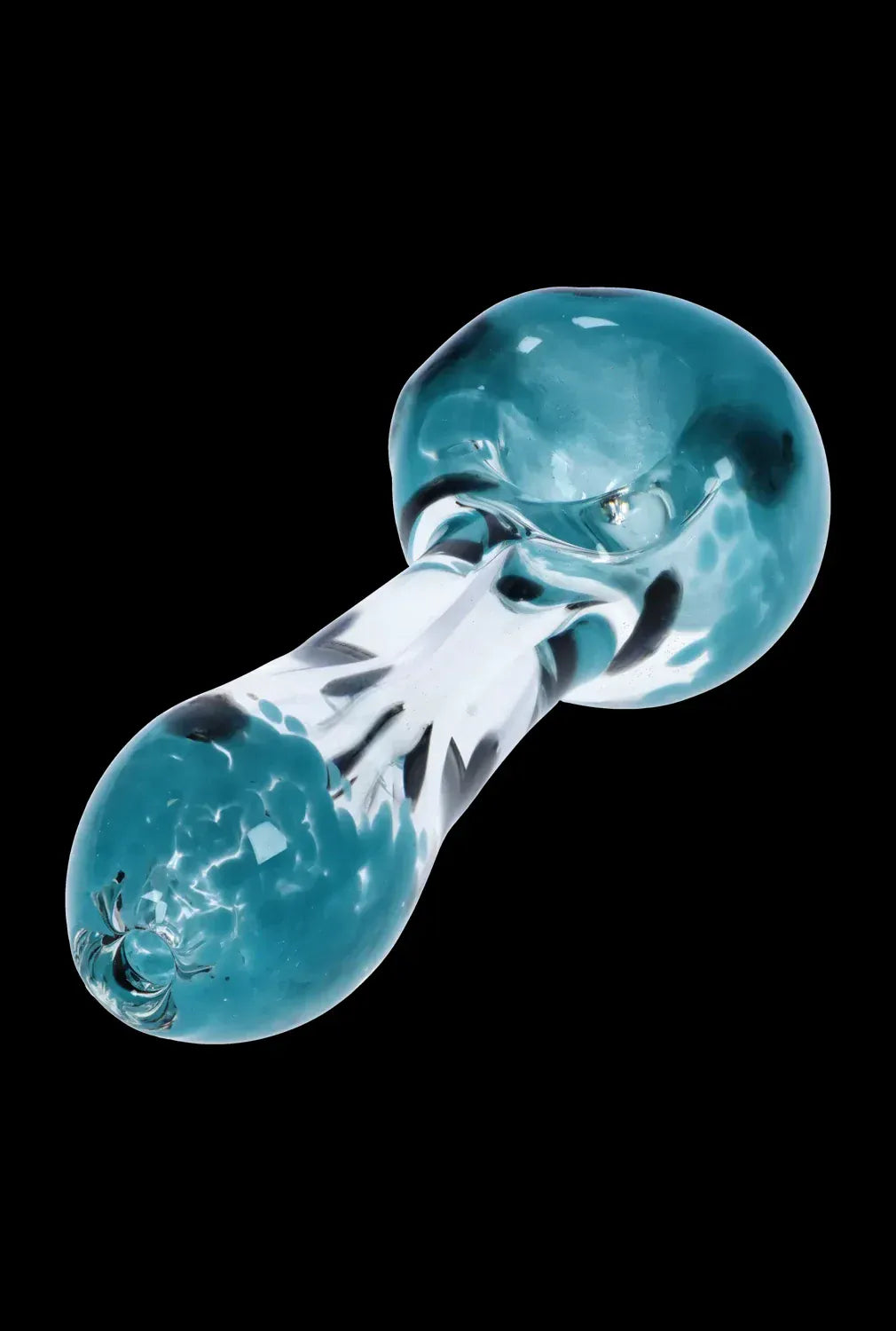 Angled close-up of the DHC Color Frit with Dots Spoon Pipe - 2.5 in., showing its teal rounded bowl and clear flared neck against a black background