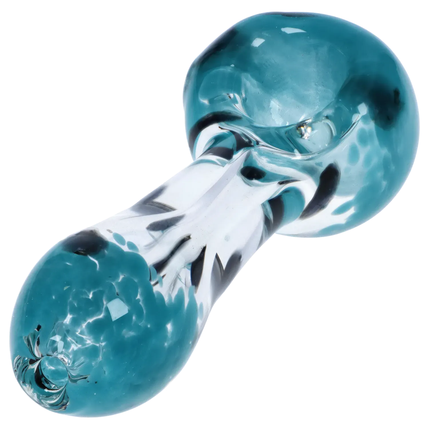 Angled close-up of the DHC Color Frit with Dots Spoon Pipe - 2.5 in., showing its teal dotted bowl and clear glass neck with black and teal accents