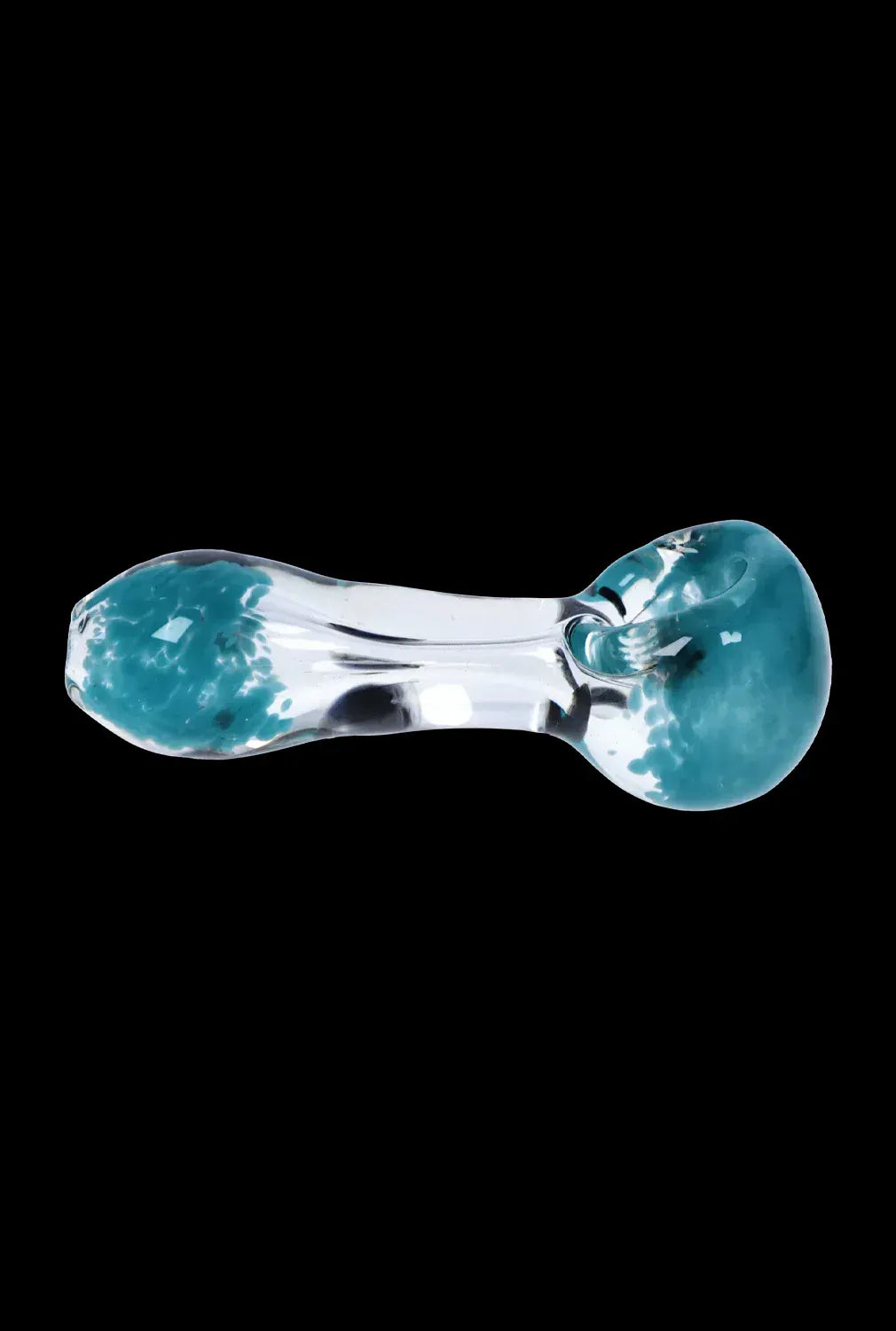 Top-down view of the DHC Color Frit with Dots Spoon Pipe - 2.5 in., a clear glass spoon pipe with turquoise fritted dots in the bowl and mouthpiece against a black background