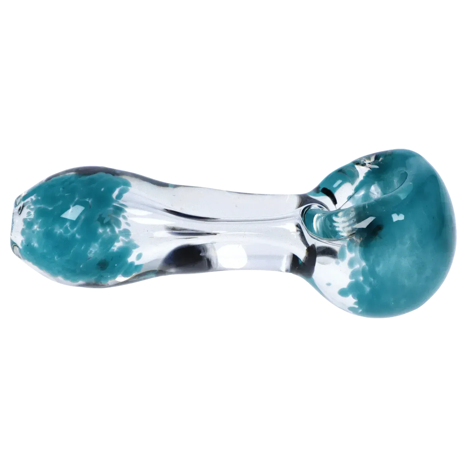 Side view of a clear glass DHC Color Frit with Dots Spoon Pipe - 2.5 in. showing teal frit clusters at both bowl ends.