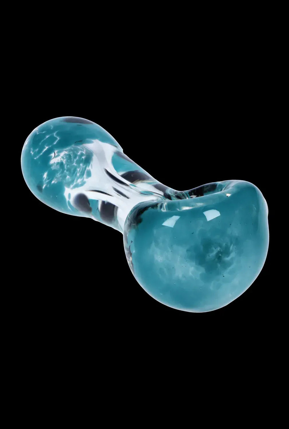 Angled close-up of the DHC Color Frit with Dots Spoon Pipe - 2.5 in., showing its glossy teal bulbous bowl and swirled clear neck against a black background