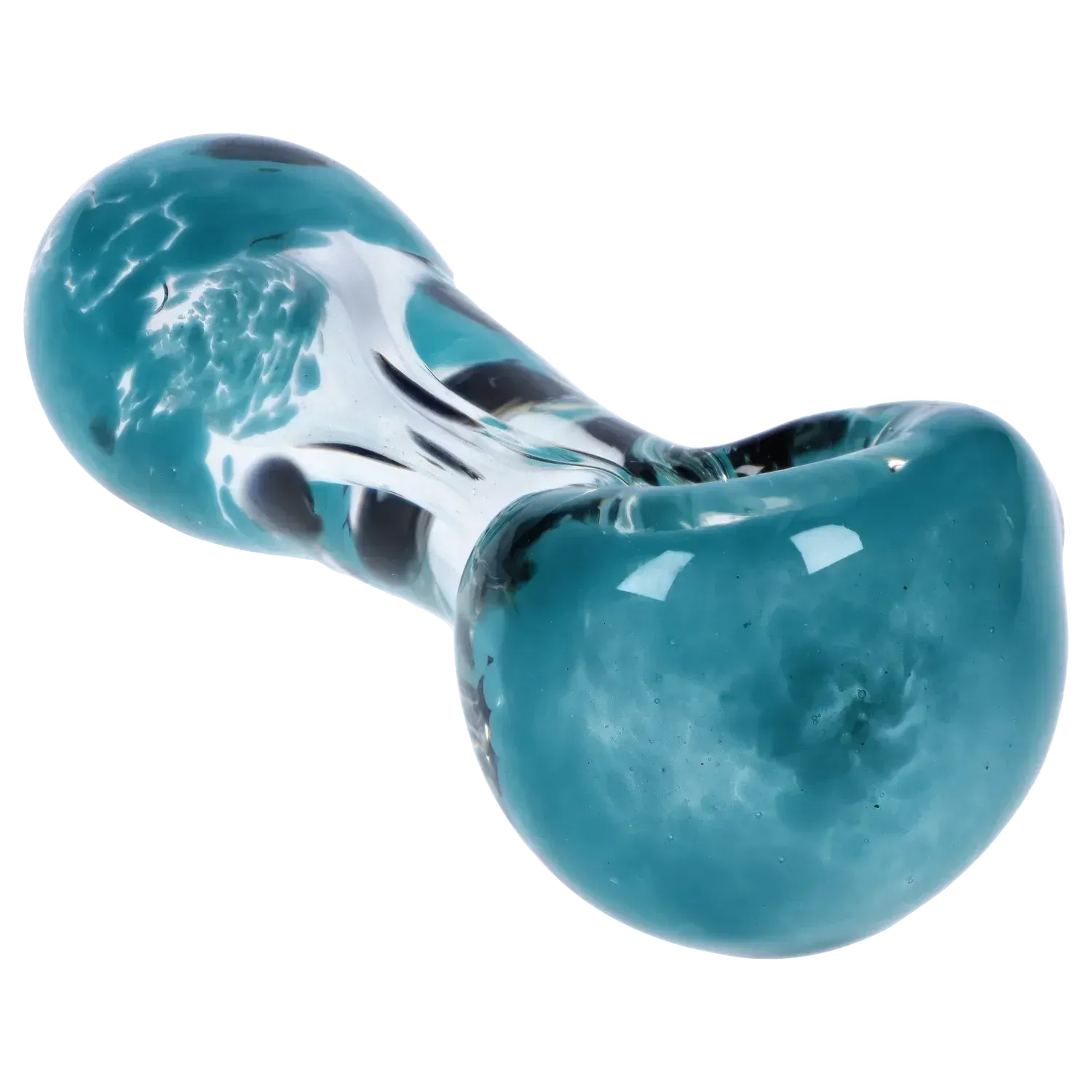 Angled close-up of the blue-green DHC Color Frit with Dots Spoon Pipe - 2.5 in., showing glossy swirls, dot accents, and reflective highlights.