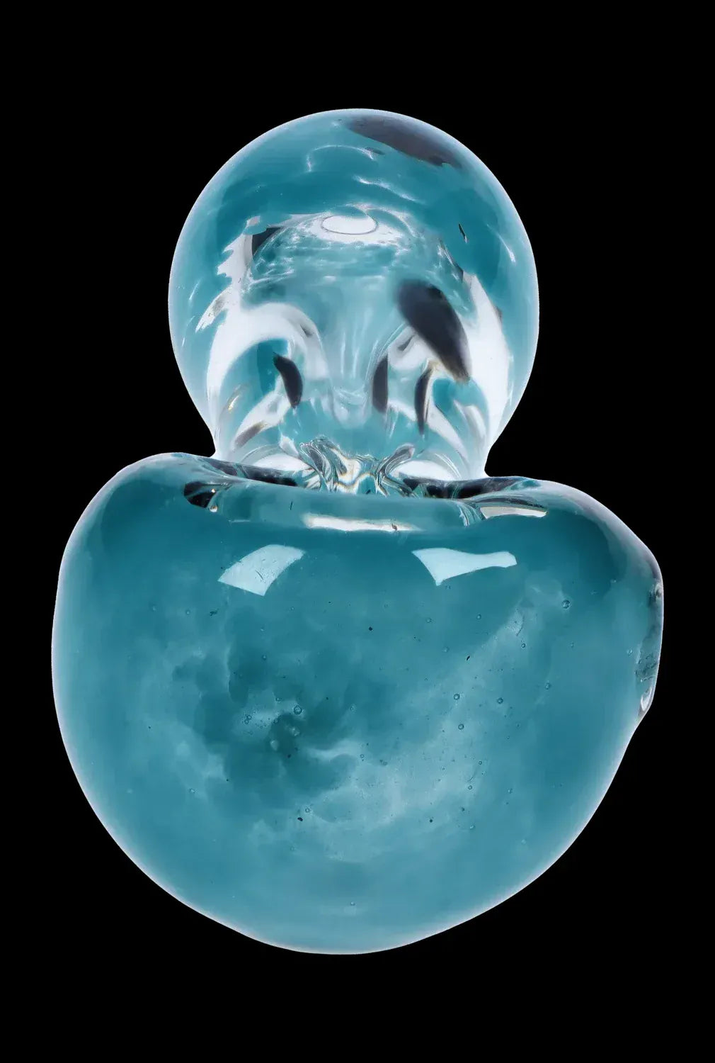 Close-up front view of the DHC Color Frit with Dots Spoon Pipe - 2.5 in., showing its glossy turquoise bulb and rounded bowl against a black background.