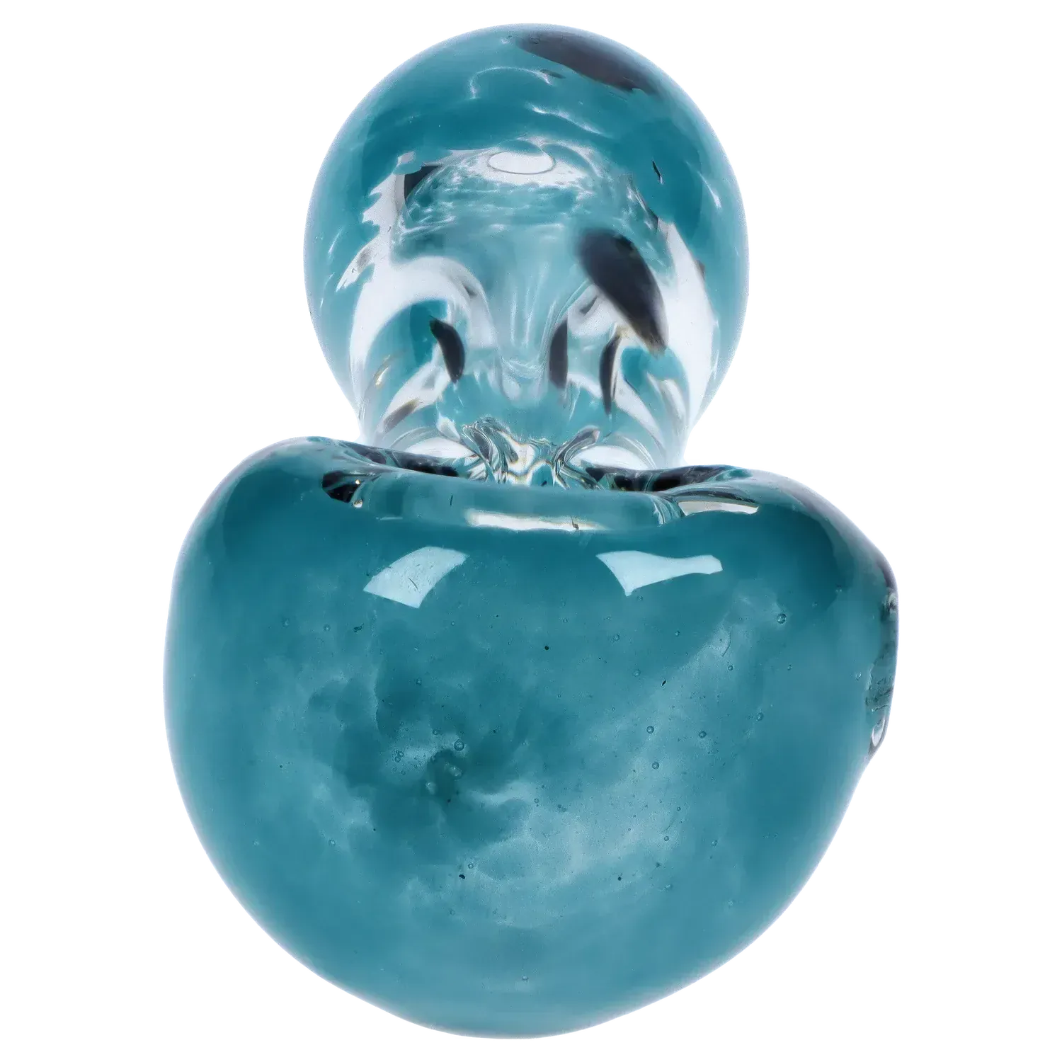 Close-up top-down view of the blue DHC Color Frit with Dots Spoon Pipe - 2.5 in., showing glossy rounded bowl and swirled glass dots.