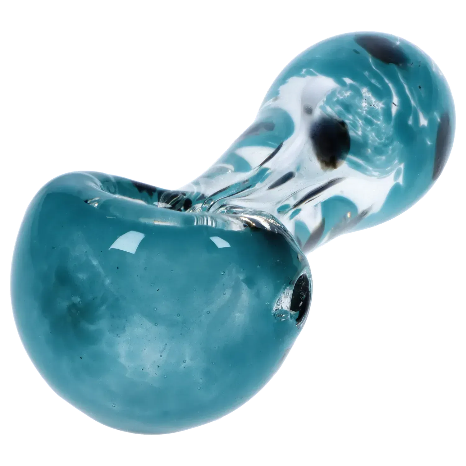 Close-up angled view of the DHC Color Frit with Dots Spoon Pipe - 2.5 in., showing its glossy teal glass bowl and clear swirled neck with black dot accents.
