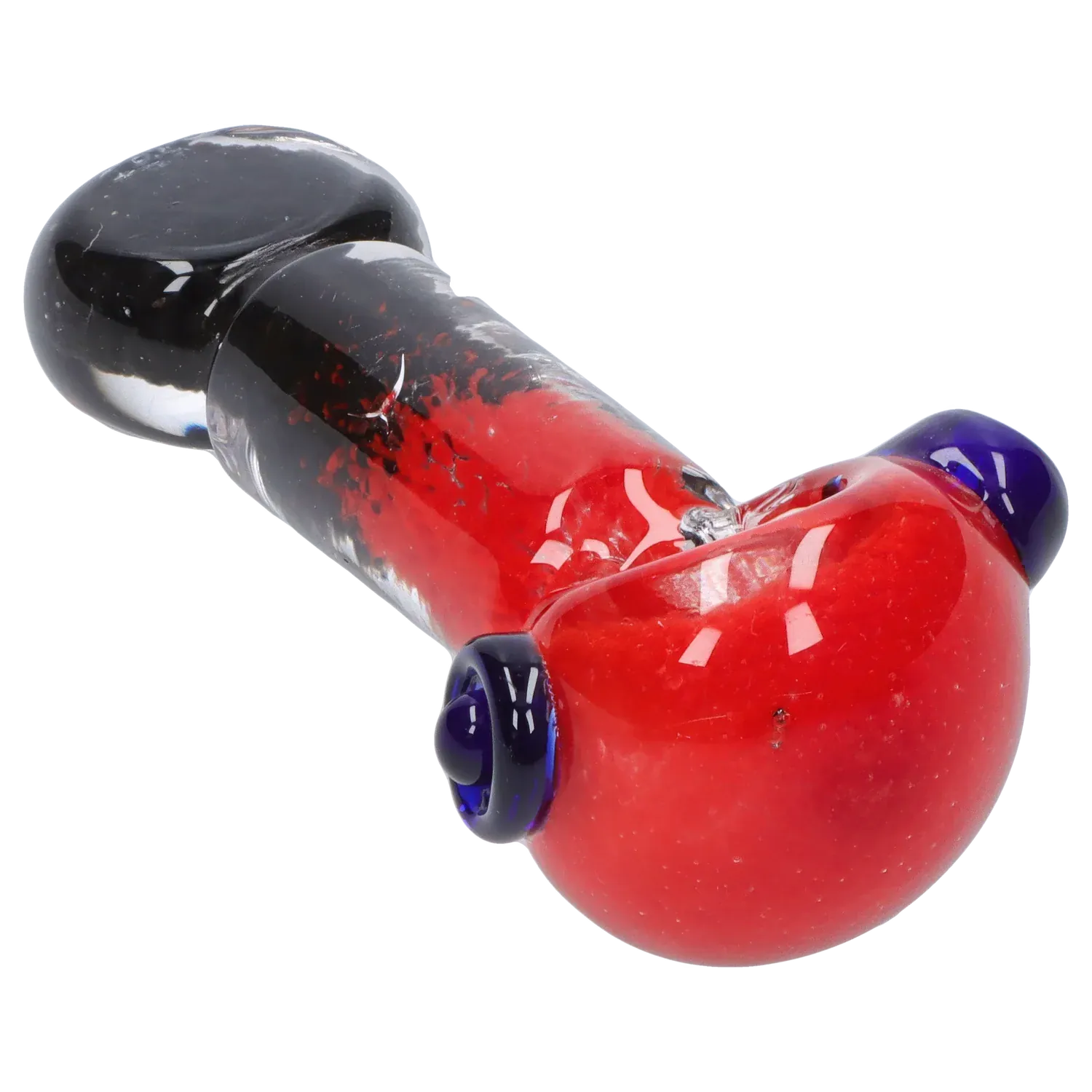 Angled close-up of the DHC Tri-Color Frit Flat Spoon Pipe - 3.5 in. showing a glossy red bowl with blue accent knobs and a black-to-clear speckled stem.