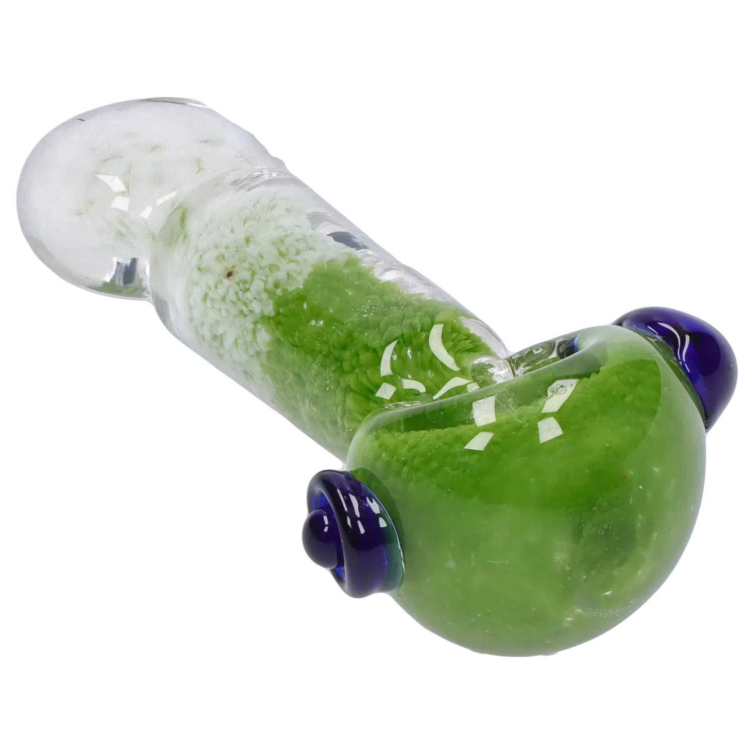 Angled close-up of the DHC Tri-Color Frit Flat Spoon Pipe - 3.5 in. showing its green frit-filled bowl and clear glass stem with blue glass accents.