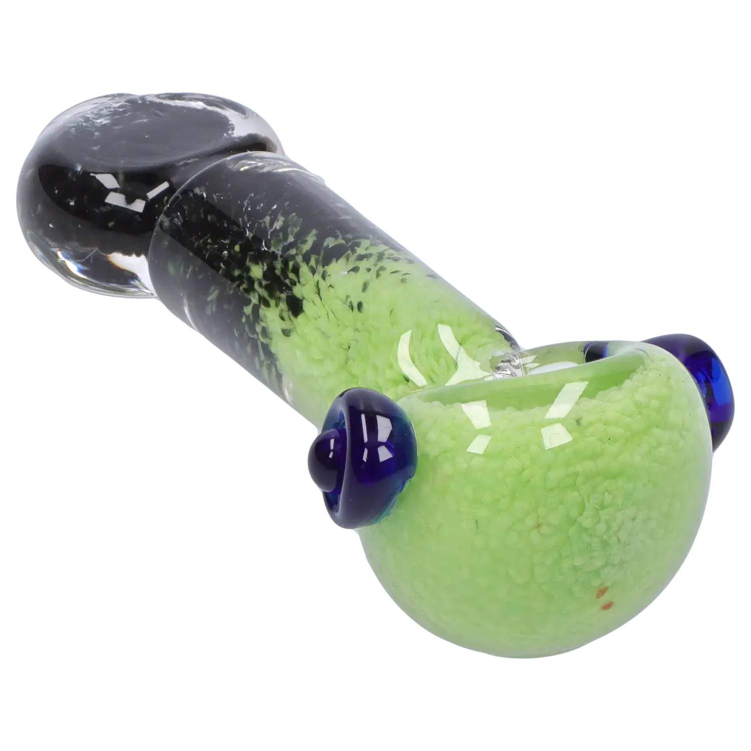 Angled close-up of the DHC Tri-Color Frit Flat Spoon Pipe - 3.5 in., showing its lime-green fritted bowl, dark glass neck, and blue glass accents.