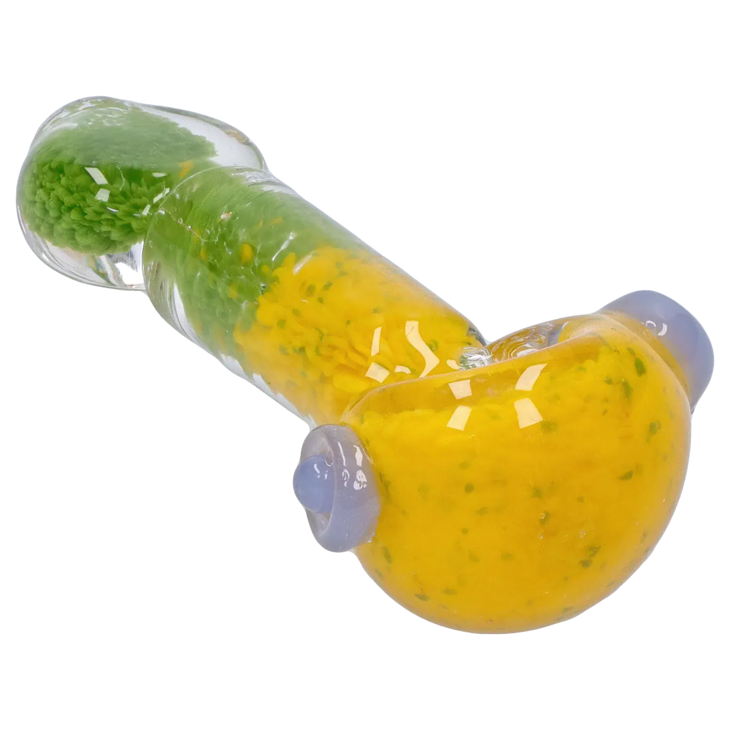 Angled close-up of the DHC Tri-Color Frit Flat Spoon Pipe - 3.5 in., showing its yellow and green frit-filled glass bowl and clear handle against a white background