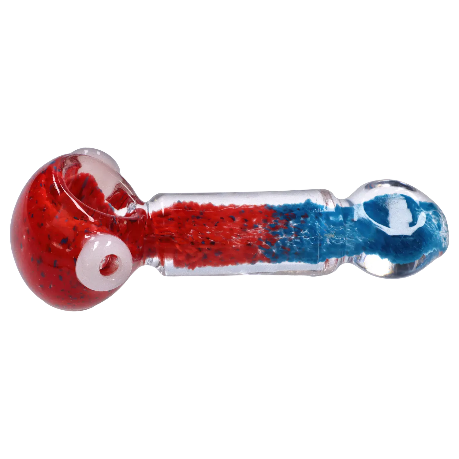 Side view of the DHC Tri-Color Frit Flat Spoon Pipe - 3.5 in. showing a clear glass body with red frit in the bowl and blue frit in the stem.