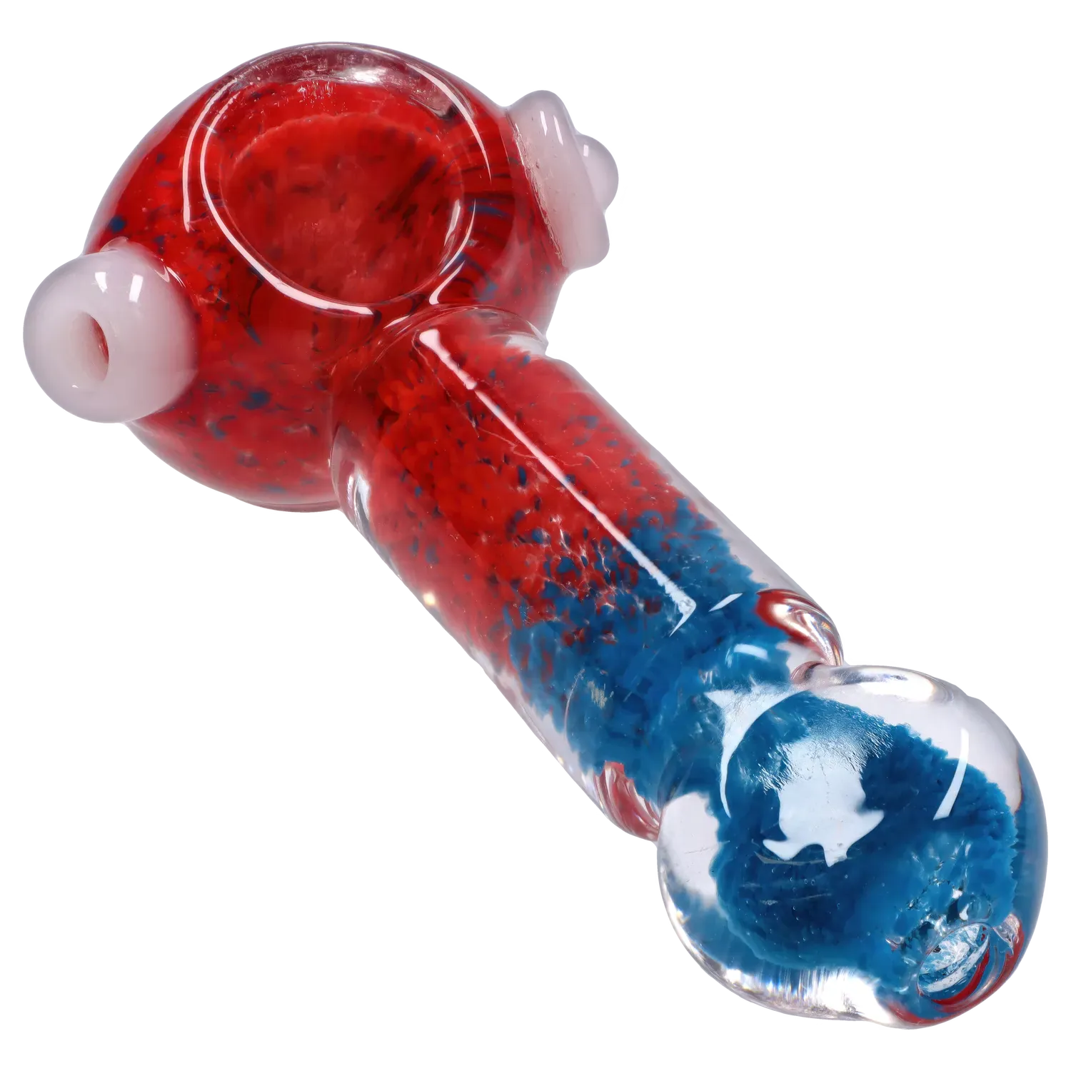 Angled close-up of the DHC Tri-Color Frit Flat Spoon Pipe - 3.5 in. showing a red bowl and stem speckled with blue frit and white accents on a white background