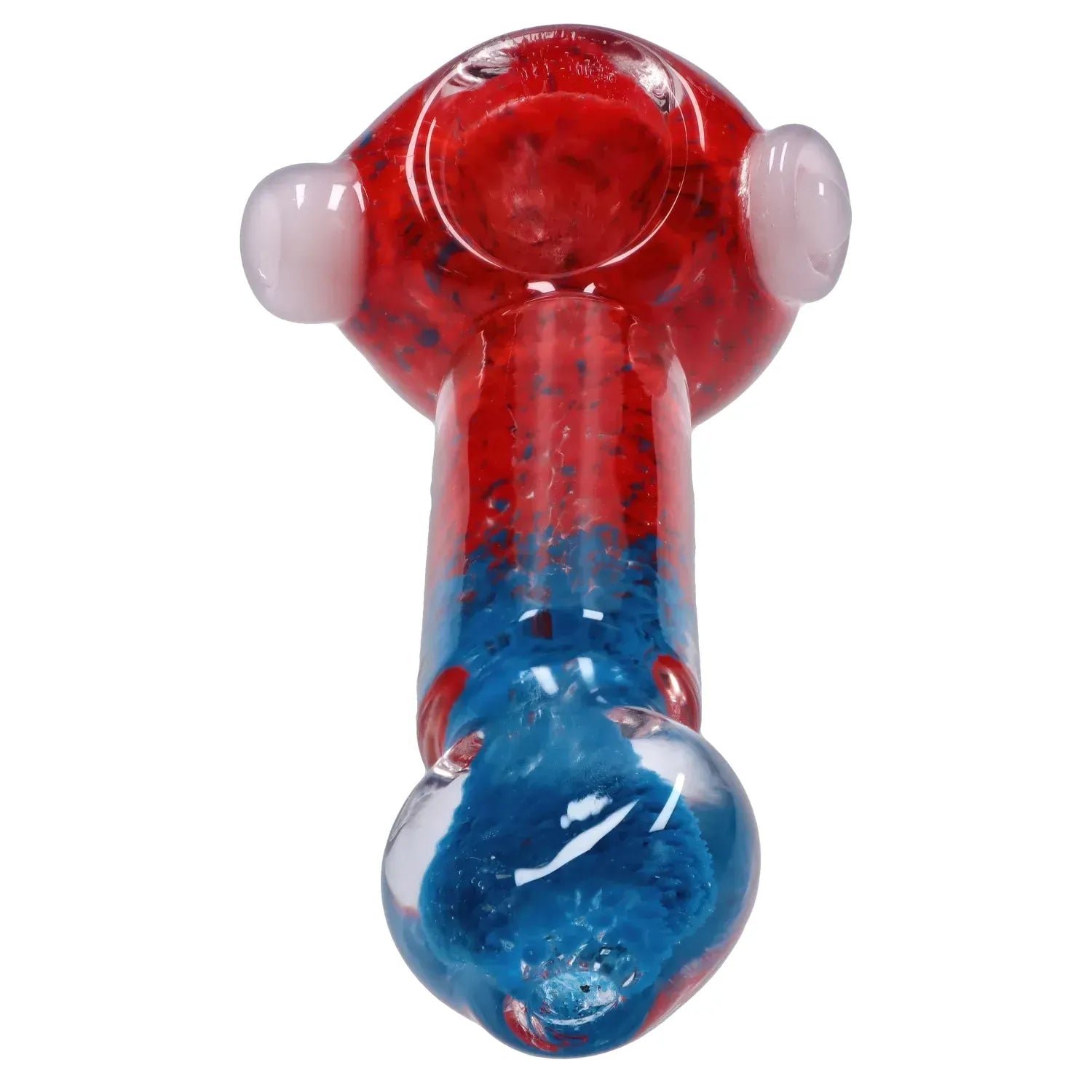 Top-down close-up of the DHC Tri-Color Frit Flat Spoon Pipe - 3.5 in. showing red and blue frit patterns, rounded bowl and twin clear glass carb knobs.