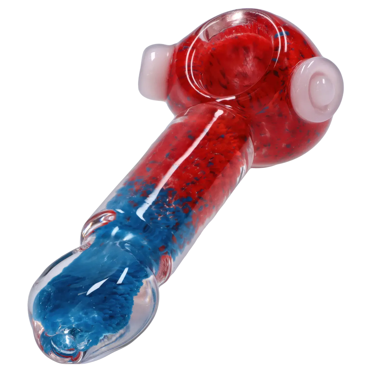 Angled close-up of the DHC Tri-Color Frit Flat Spoon Pipe - 3.5 in. showing a red-speckled bowl and stem with a vivid blue frit core under glossy glass.
