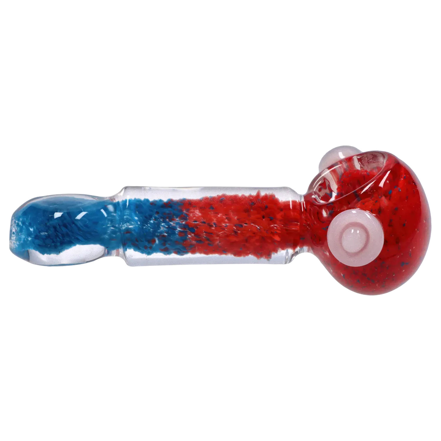 Side view of the DHC Tri-Color Frit Flat Spoon Pipe - 3.5 in. showing a clear glass body with dense red frit in the bowl transitioning to blue frit in the stem against a white background.