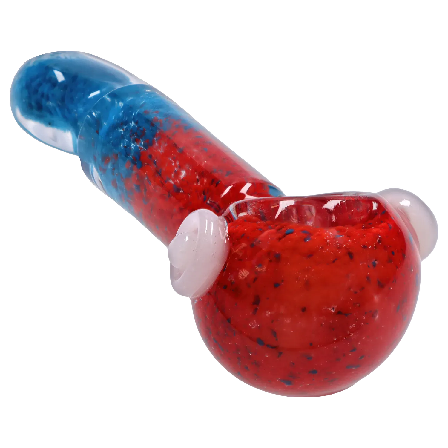Angled close-up of the DHC Tri-Color Frit Flat Spoon Pipe - 3.5 in. showing a red speckled bowl and blue-speckled stem with glossy white glass accents.