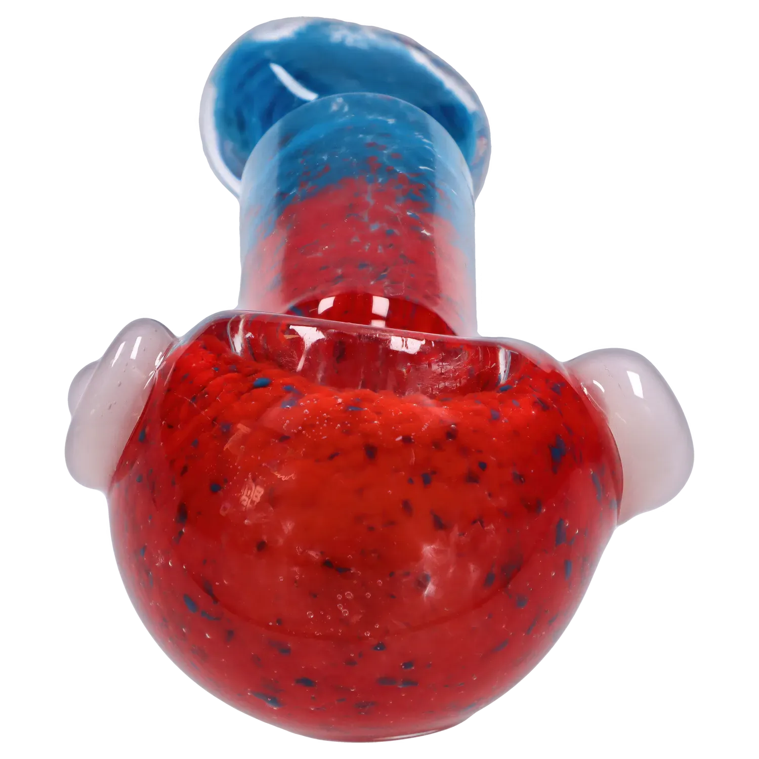 Close-up angled view of the DHC Tri-Color Frit Flat Spoon Pipe - 3.5 in., showing a glossy red speckled bowl transitioning to a blue neck with rounded white accents.