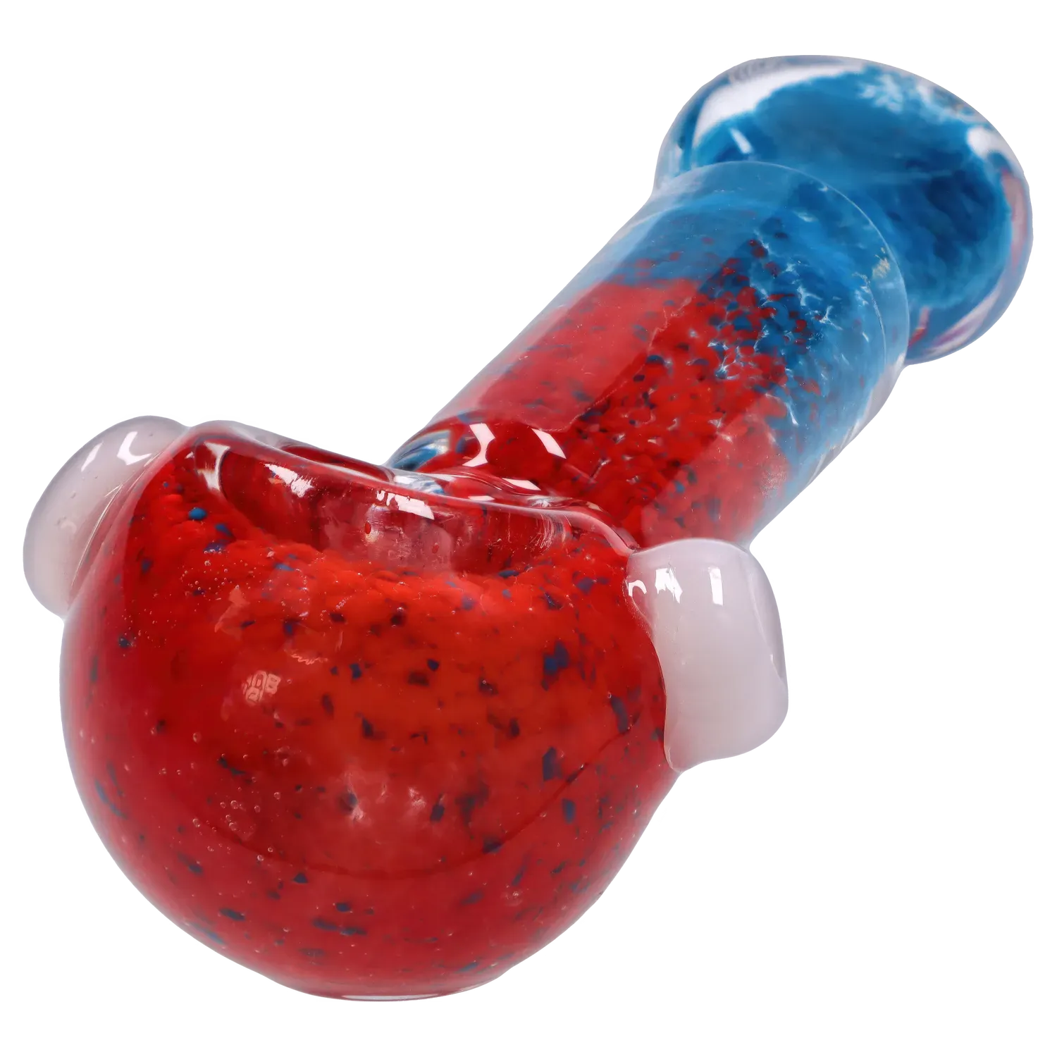 Close-up angled view of the DHC Tri-Color Frit Flat Spoon Pipe - 3.5 in. showing a glossy red bowl speckled with blue and a translucent blue stem against a white background
