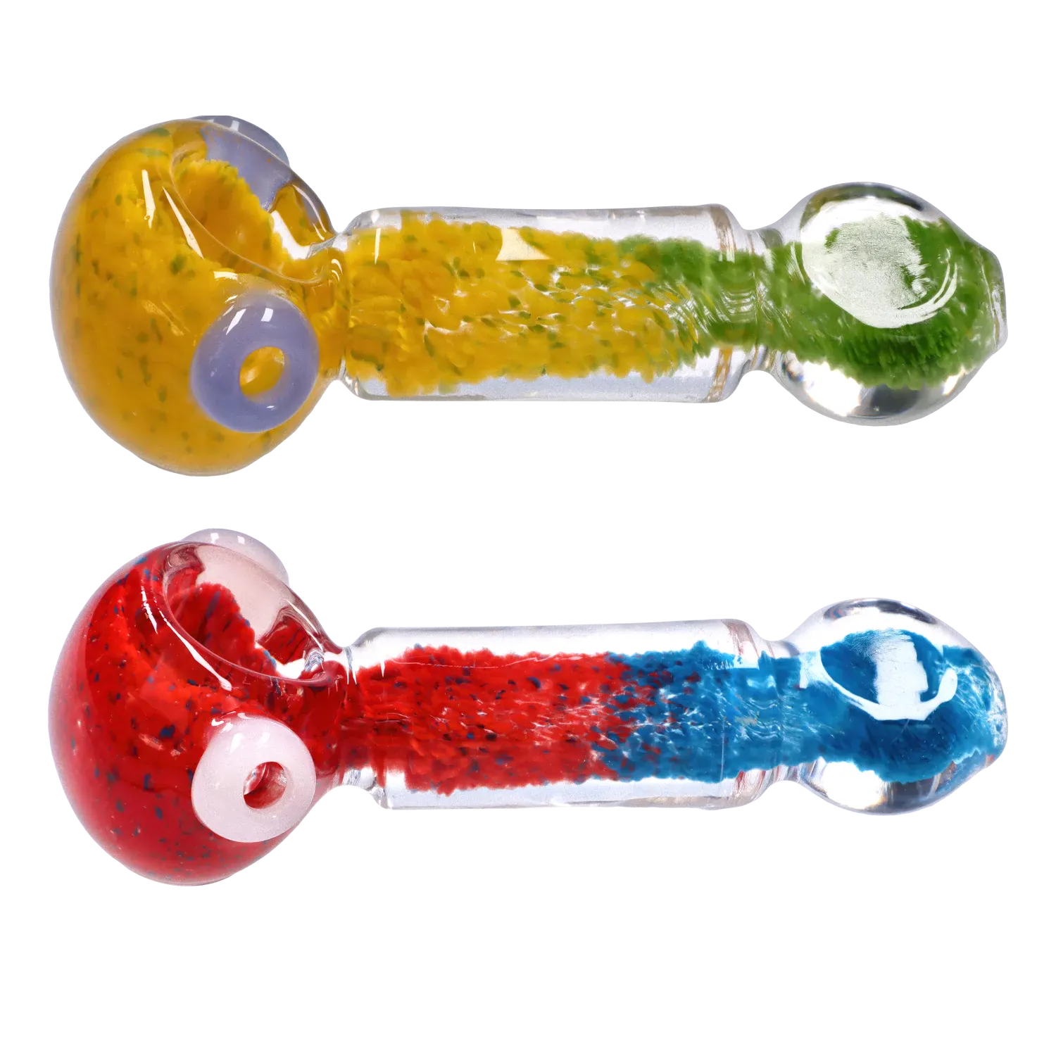 Top-down paired view of two DHC Tri-Color Frit Flat Spoon Pipe - 3.5 in. models, one yellow-green and one red-blue, on a white background.
