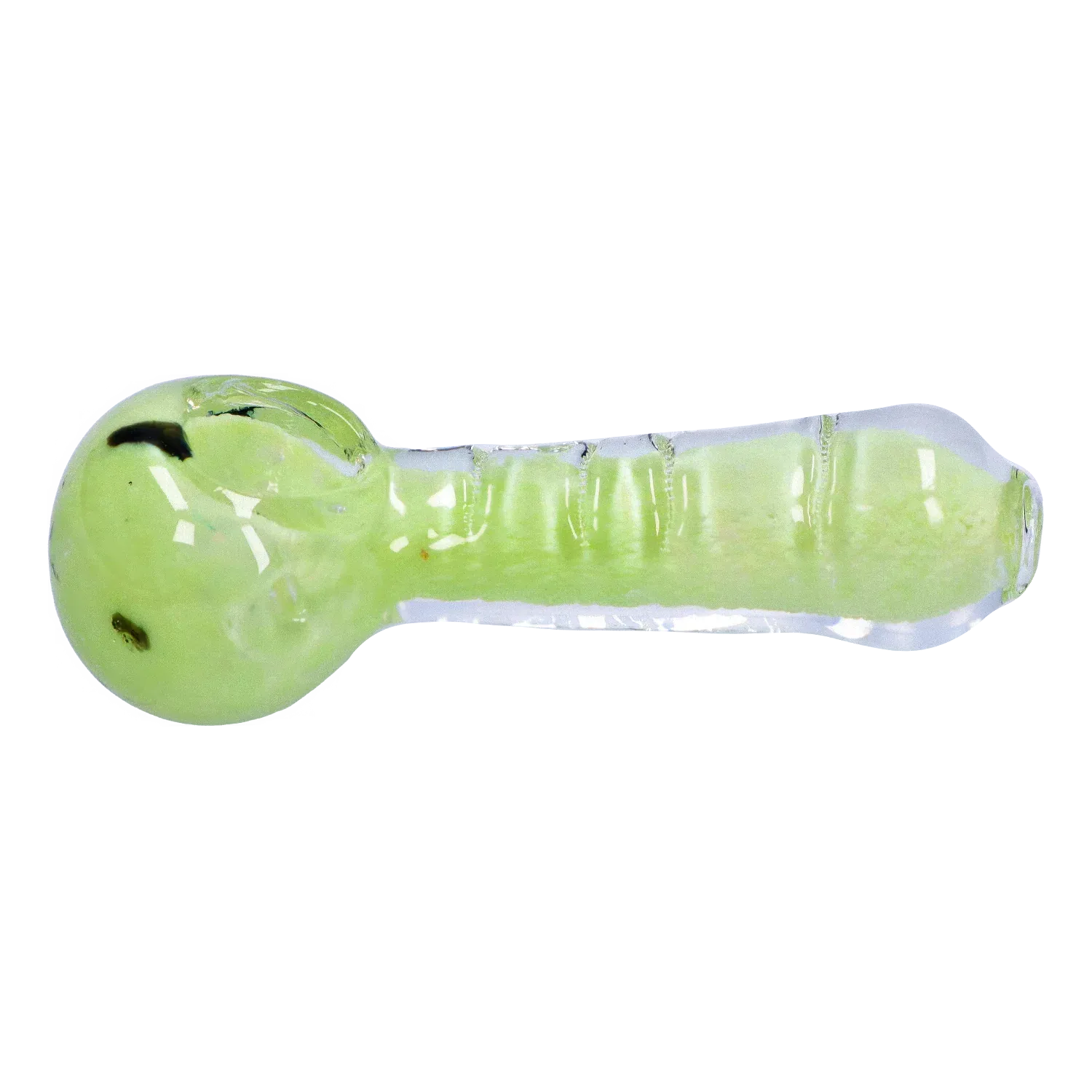 Top-down view of the DHC Frit Marble Rim Pastel Spoon Pipe - 3.5 in., showing a glossy pale green glass bowl and stem with clear outer glass and dark frit specks.