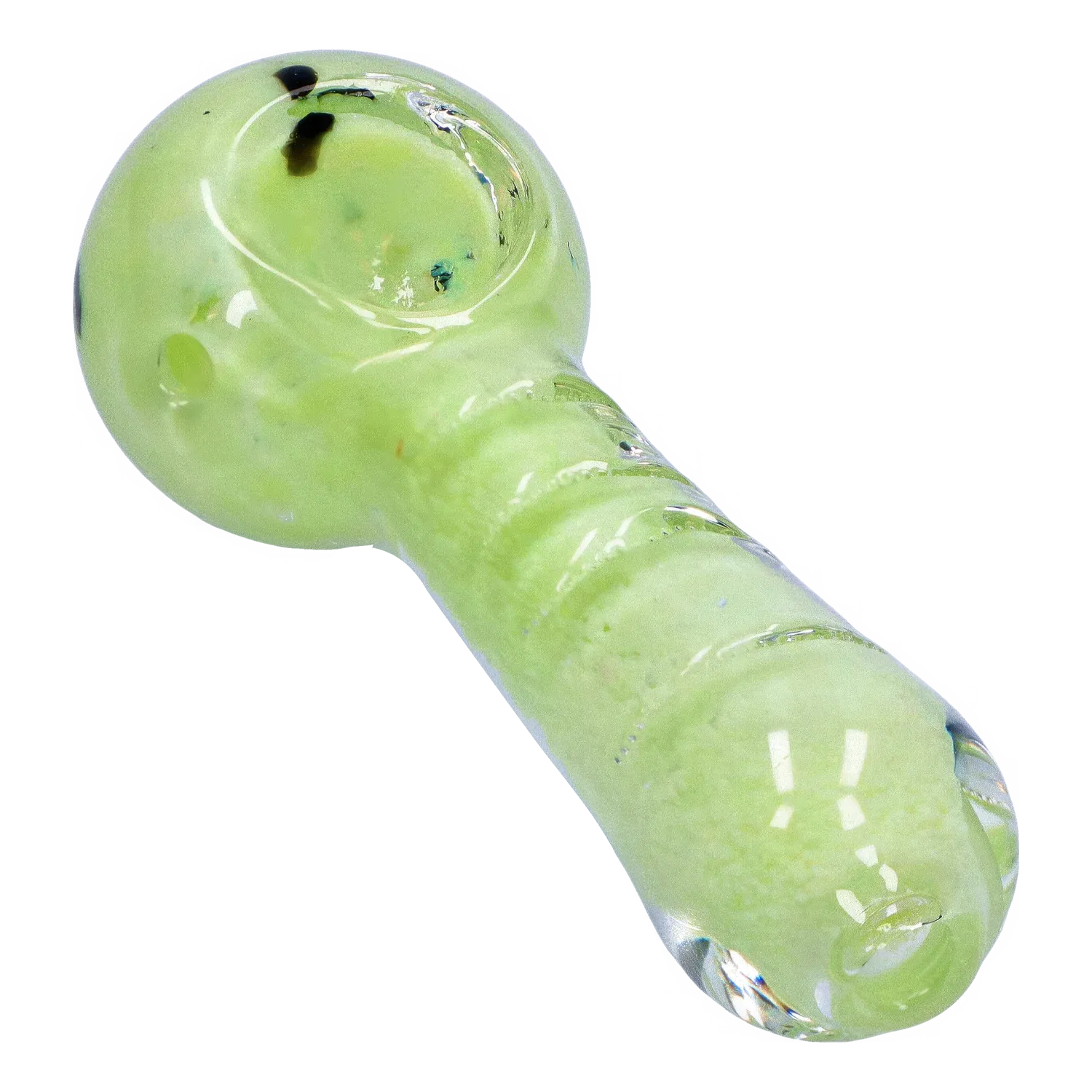 Close-up angled view of the DHC Frit Marble Rim Pastel Spoon Pipe - 3.5 in., showing its glossy pale green marbled bowl and ridged stem on a white background