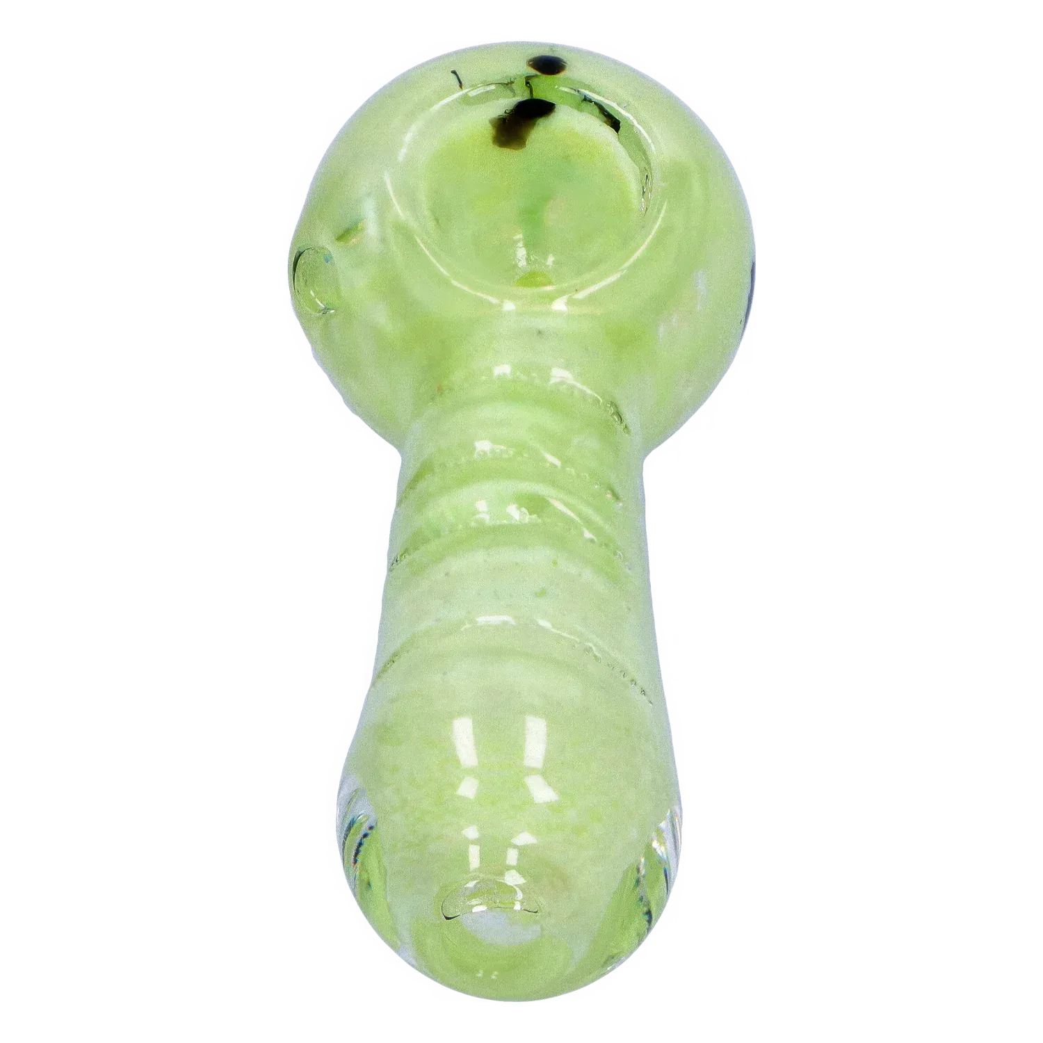 Top-down close-up of the light green DHC Frit Marble Rim Pastel Spoon Pipe - 3.5 in., showing its rounded bowl and ribbed neck against a white background