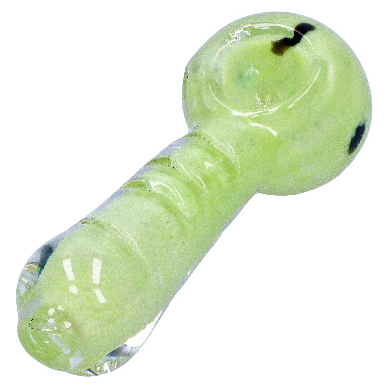 Close-up angled view of the pale green DHC Frit Marble Rim Pastel Spoon Pipe - 3.5 in., showing its glossy rounded bowl, ridged neck, and dark frit accents.