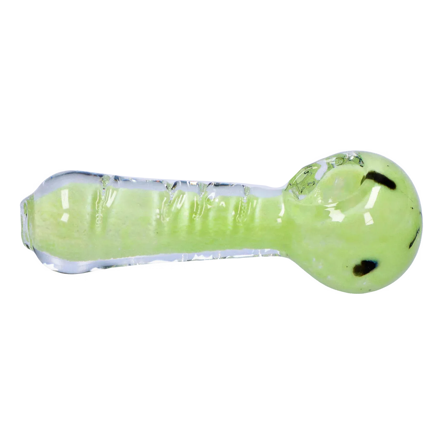 Side view of the lime-green DHC Frit Marble Rim Pastel Spoon Pipe - 3.5 in., showing a glossy bulb bowl and textured stem on a white background