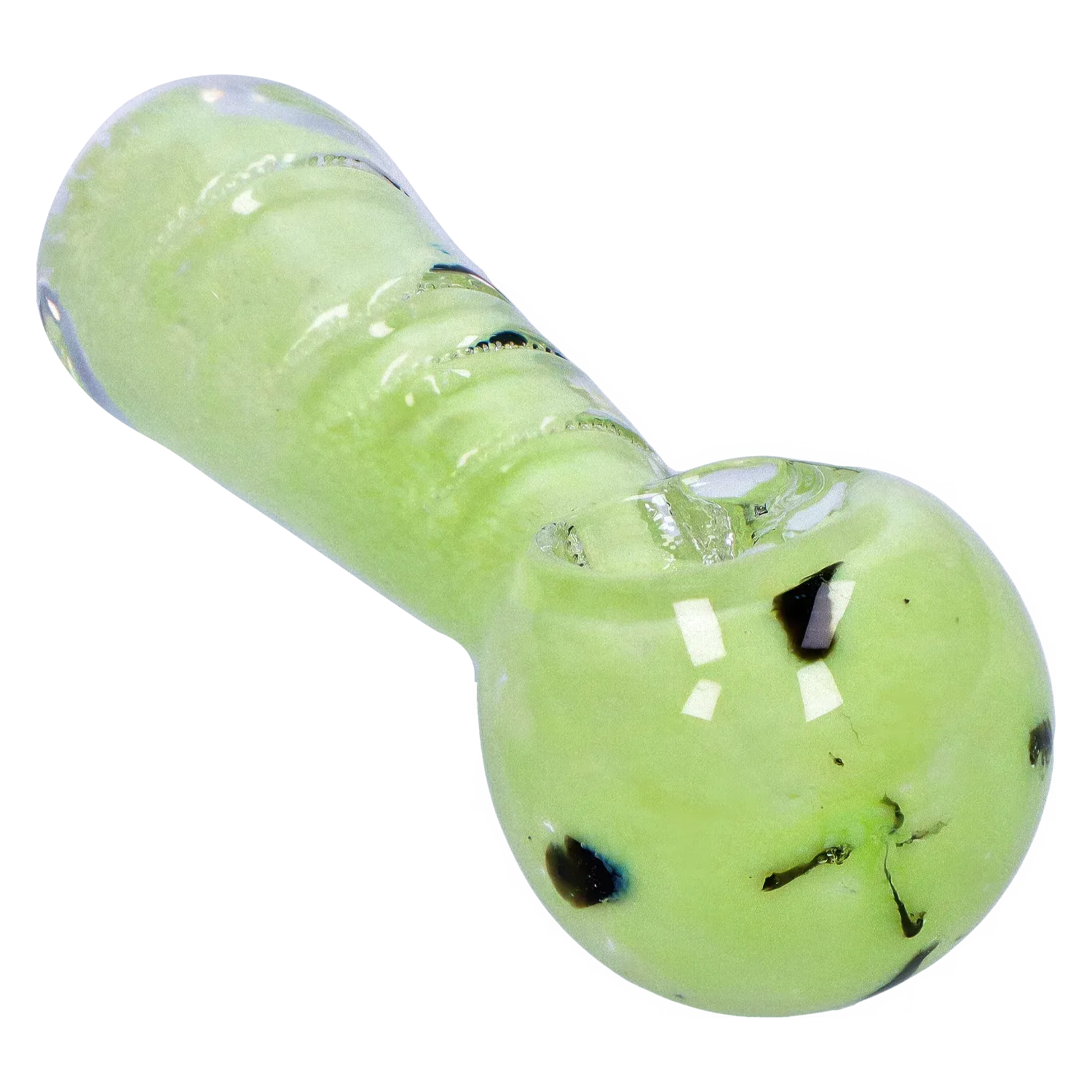 Close-up angled view of the light green DHC Frit Marble Rim Pastel Spoon Pipe - 3.5 in., showing its rounded bowl, ribbed stem, and glossy surface reflections