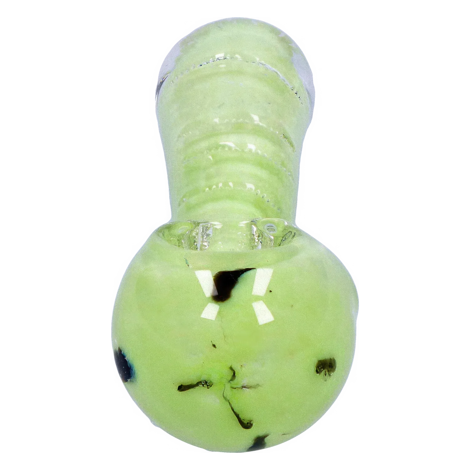 Top-down close-up of the light green DHC Frit Marble Rim Pastel Spoon Pipe - 3.5 in., showing its rounded bowl, ribbed neck, and dark fleck accents.