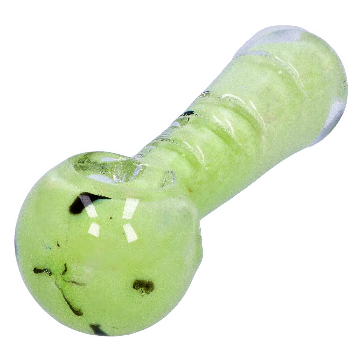 Close-up angled view of the DHC Frit Marble Rim Pastel Spoon Pipe - 3.5 in., showing its pale green marbled glass, rounded bowl, and glossy reflections.