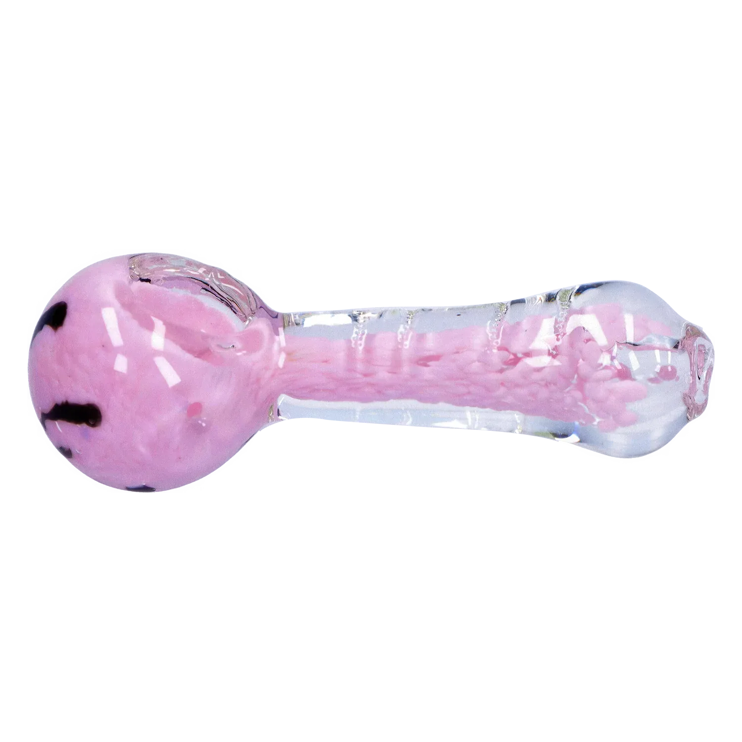 Side profile of the DHC Frit Marble Rim Pastel Spoon Pipe - 3.5 in., showing a pink frit-filled bowl and clear glass stem on a white background