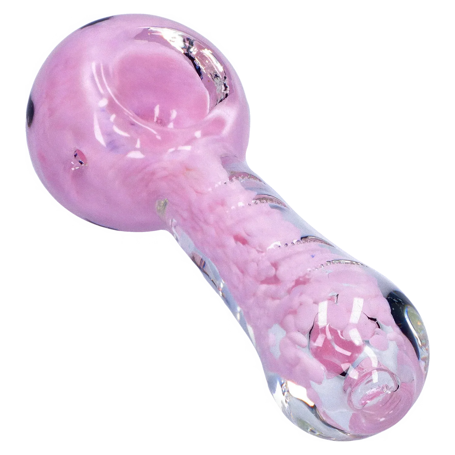 Angled close-up of the DHC Frit Marble Rim Pastel Spoon Pipe - 3.5 in., showing a glossy pink marbled bowl and clear glass neck with pastel frit details.